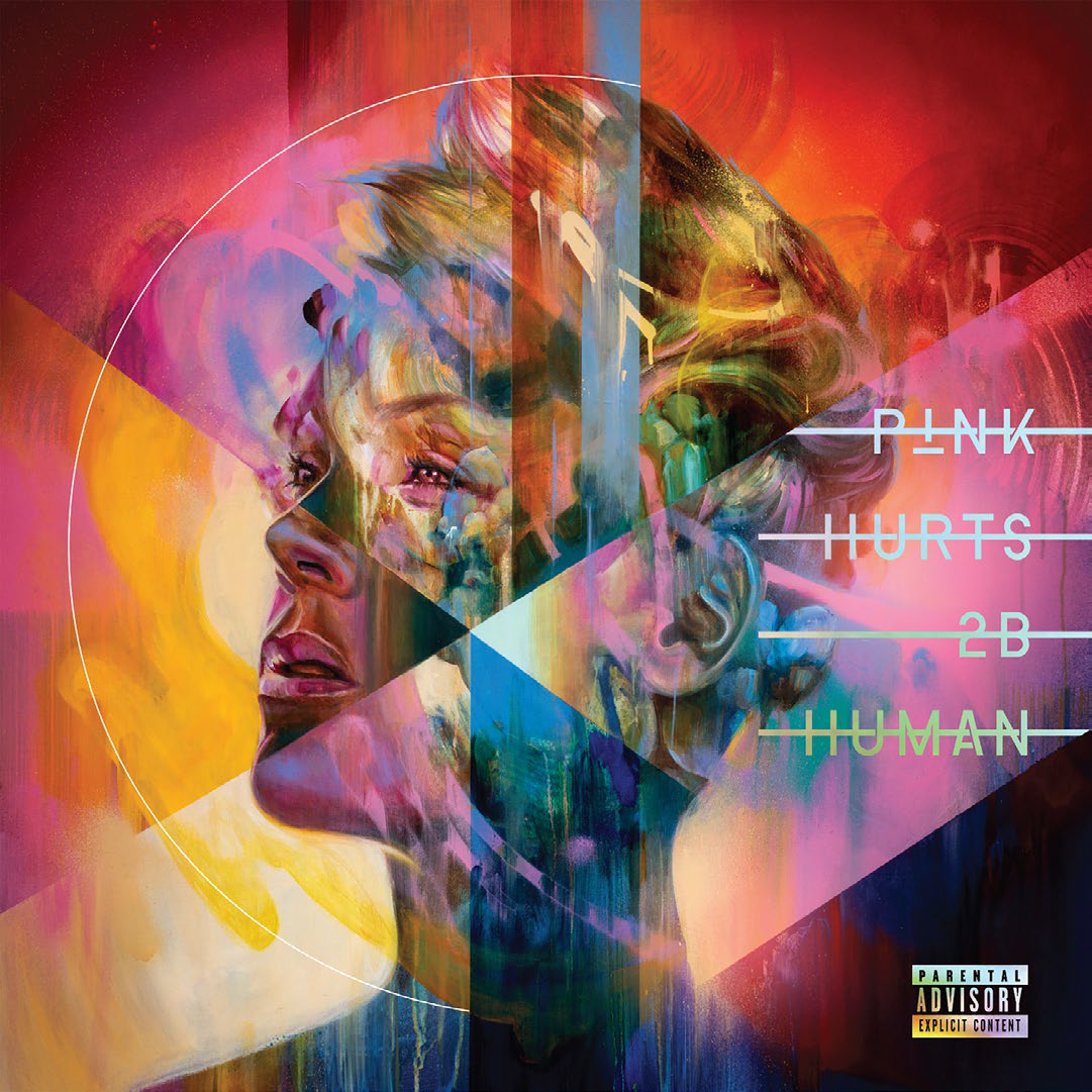 Album borító. Pink Hurts 2B Human színes, absztrakt portréval. Parental Advisory.
