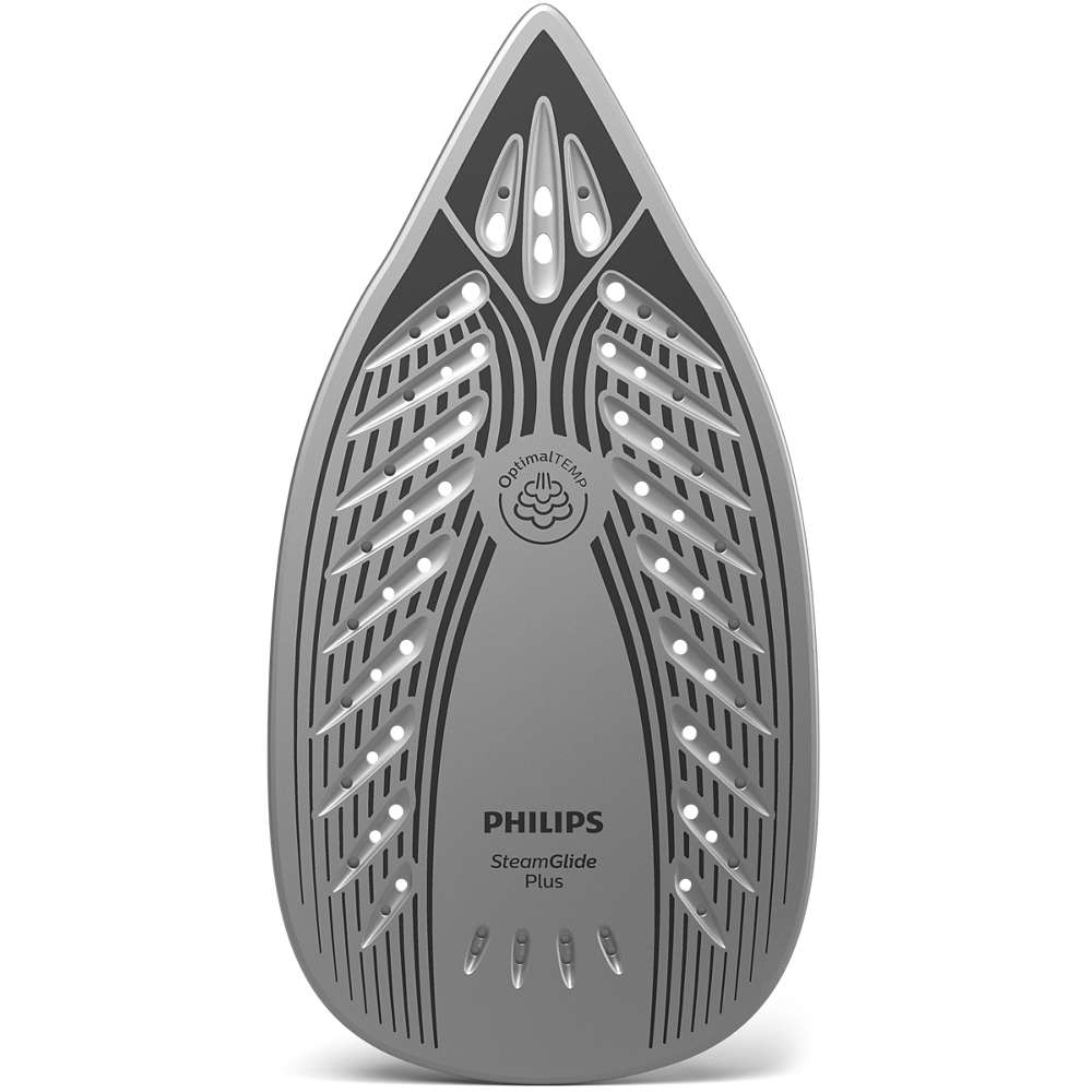 Egy szürke vasalótalp fekete részletekkel. A PHILIPS szó látható. A talp réseket és lyukakat tartalmaz.