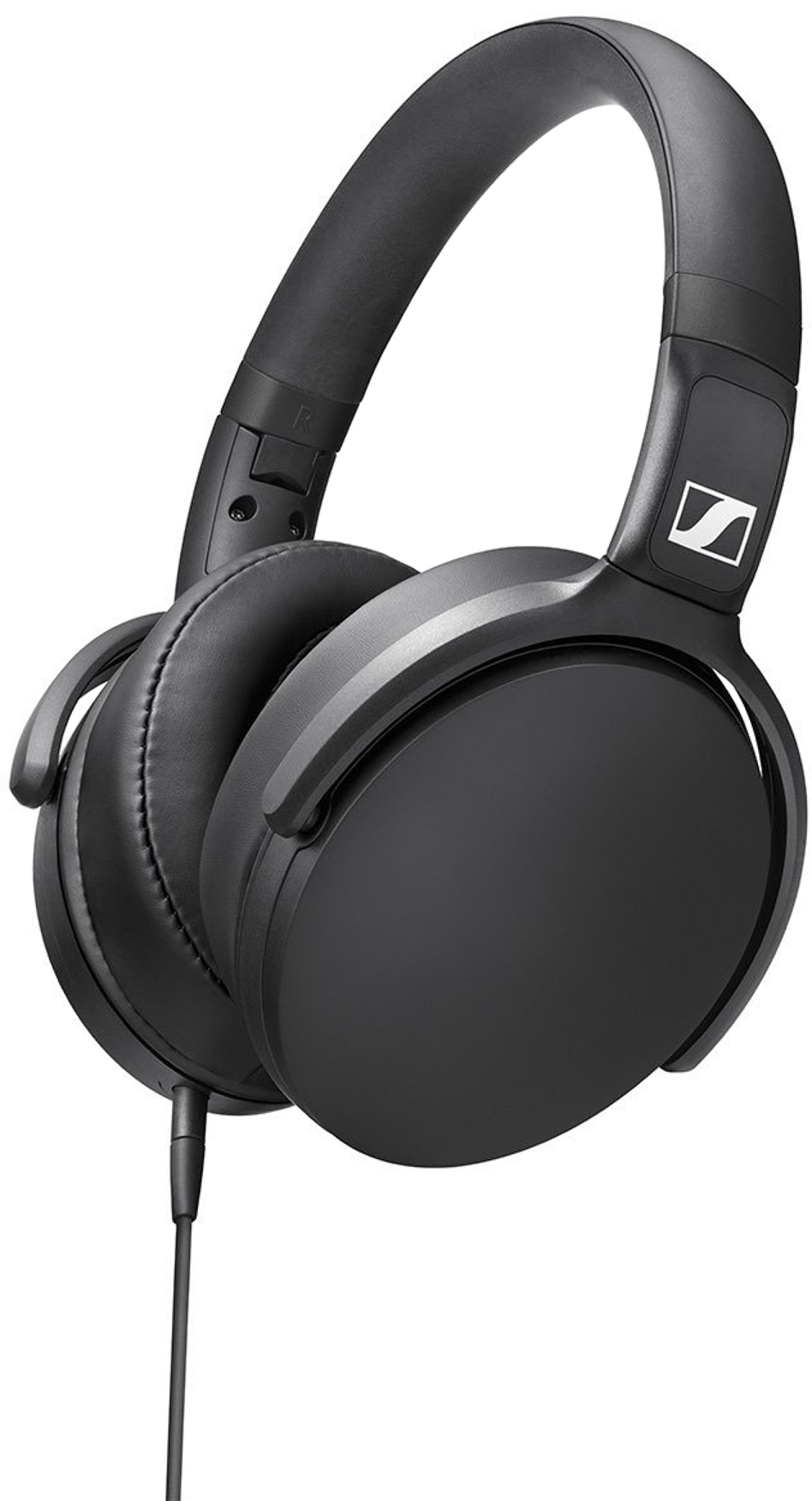 Black Sennheiser headphones with earcups, headband, and a wire.