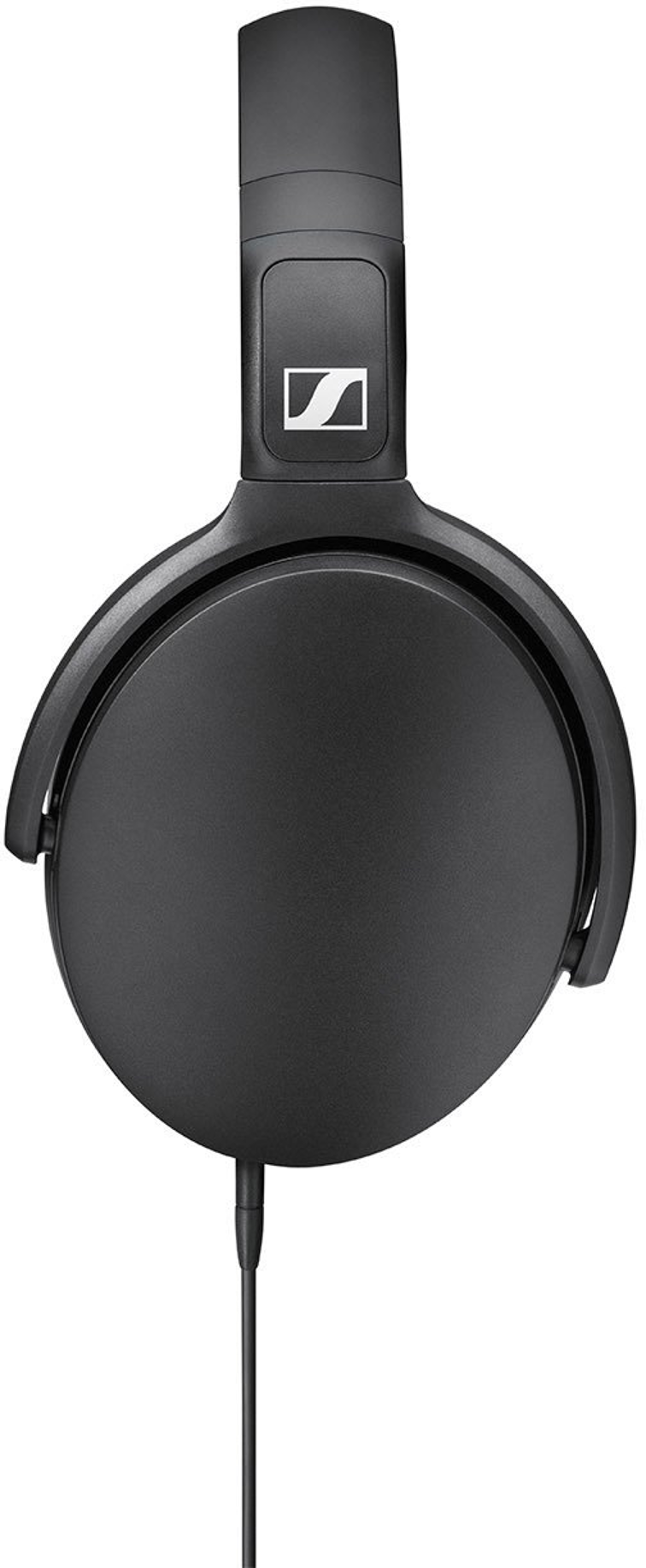 Black Sennheiser headphones, front view. Ear cups, headband, and cable are visible.