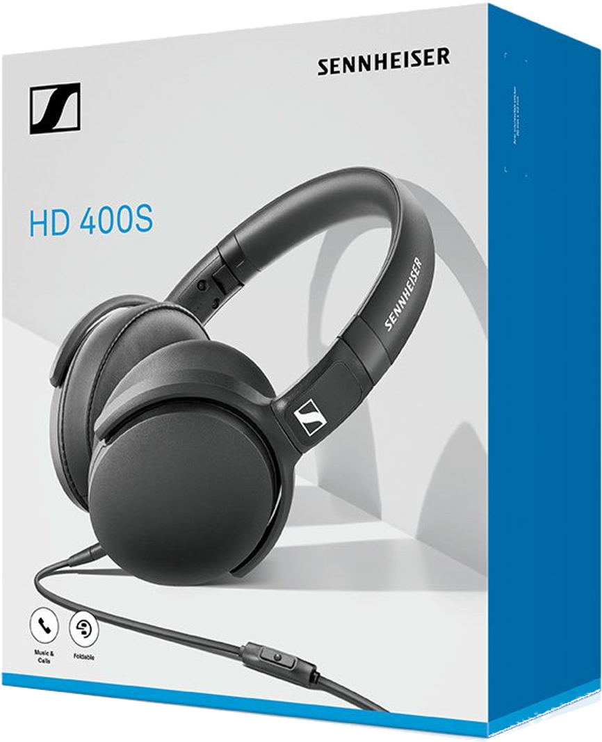 Sennheiser HD 400S headphones in their box, angled view, black headphones on a white and blue box.