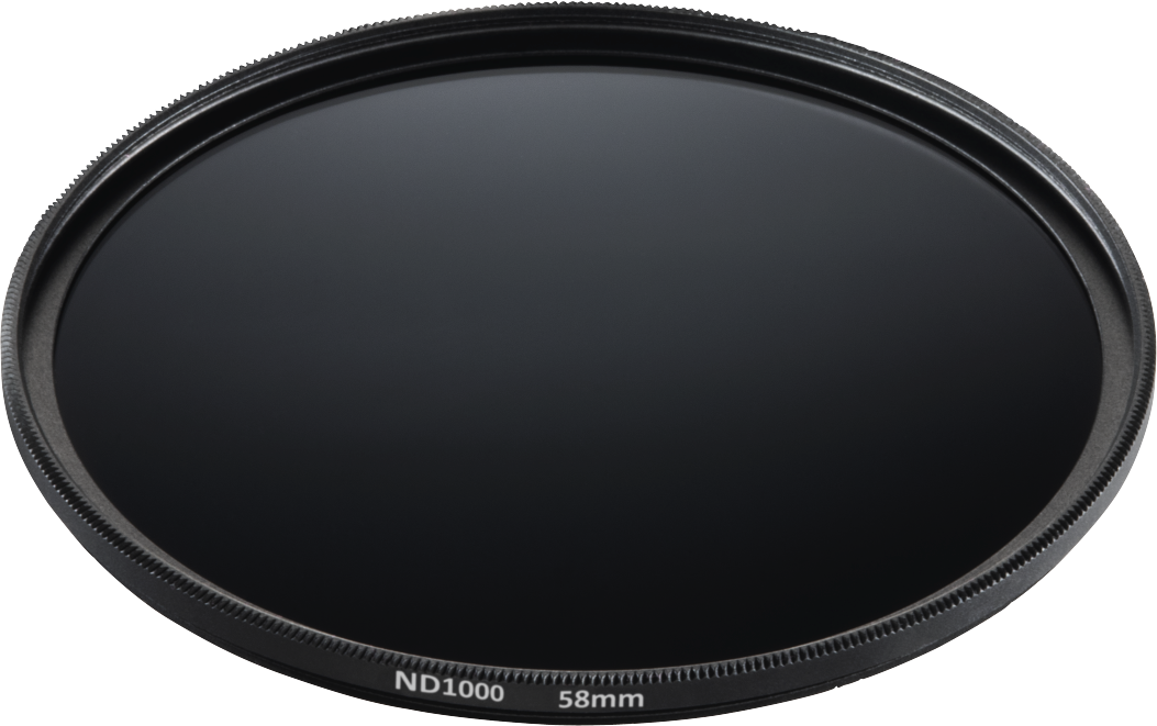 Filtre de caméra ND1000 noir avec anneau extérieur texturé. Le fond est noir.