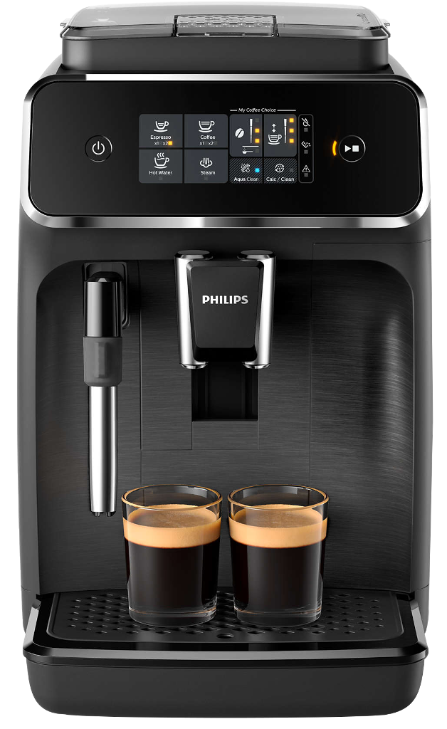 Fekete Philips eszpresszógép két kávéscsészével.