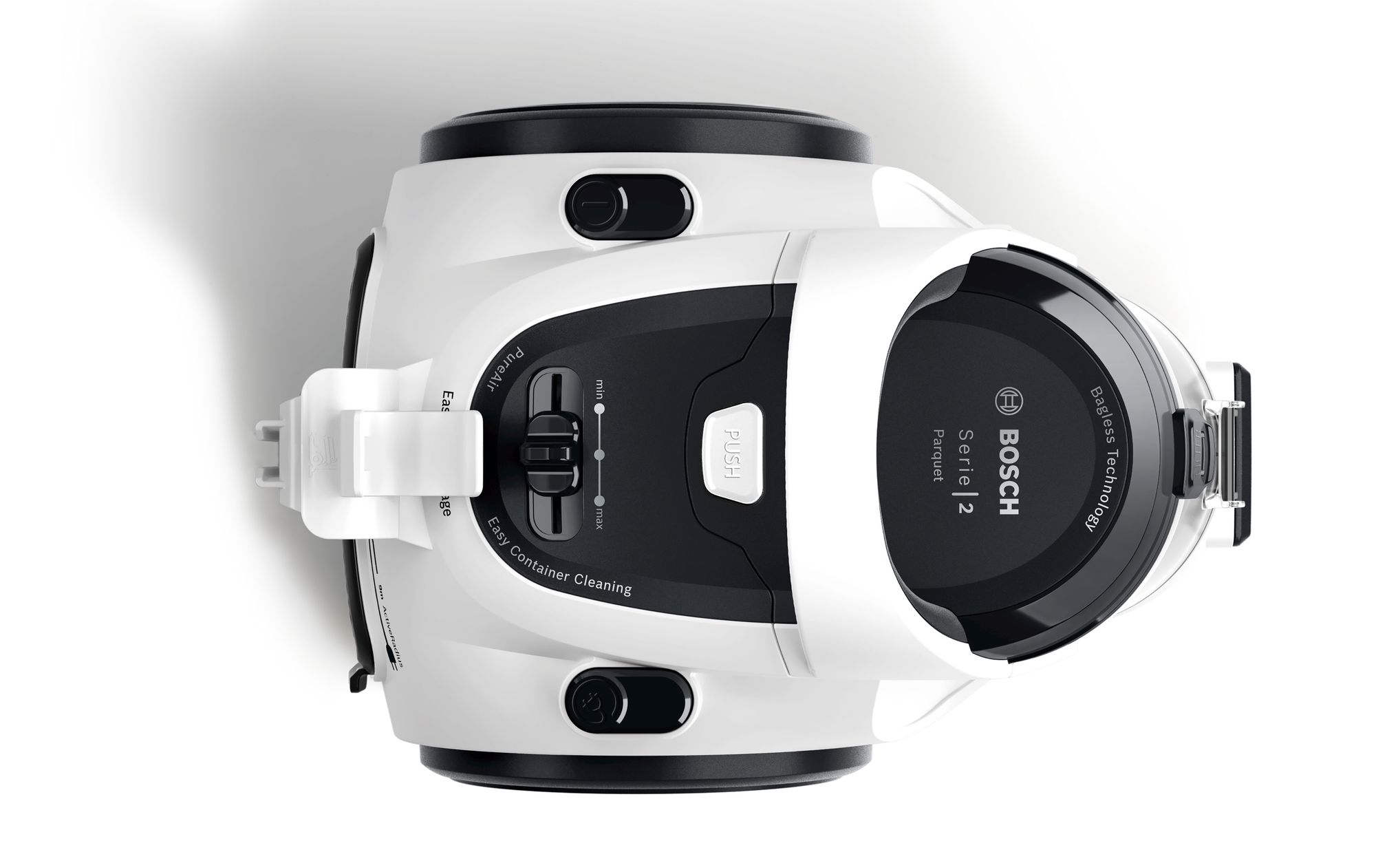White and black top-down view of a vacuum cleaner.  Brand and features are shown.
