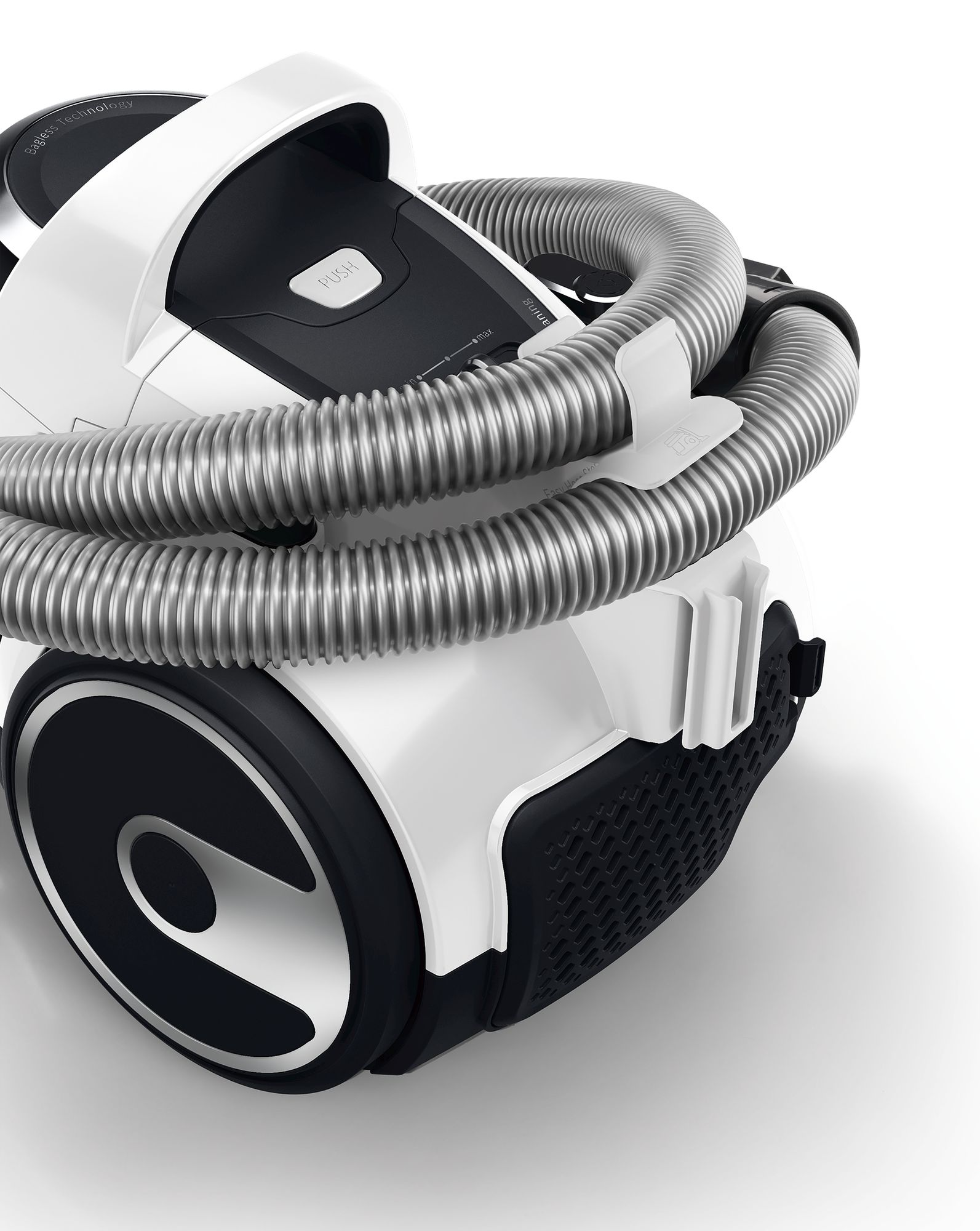 White and black vacuum cleaner with a grey hose, coiled, on a white background.
