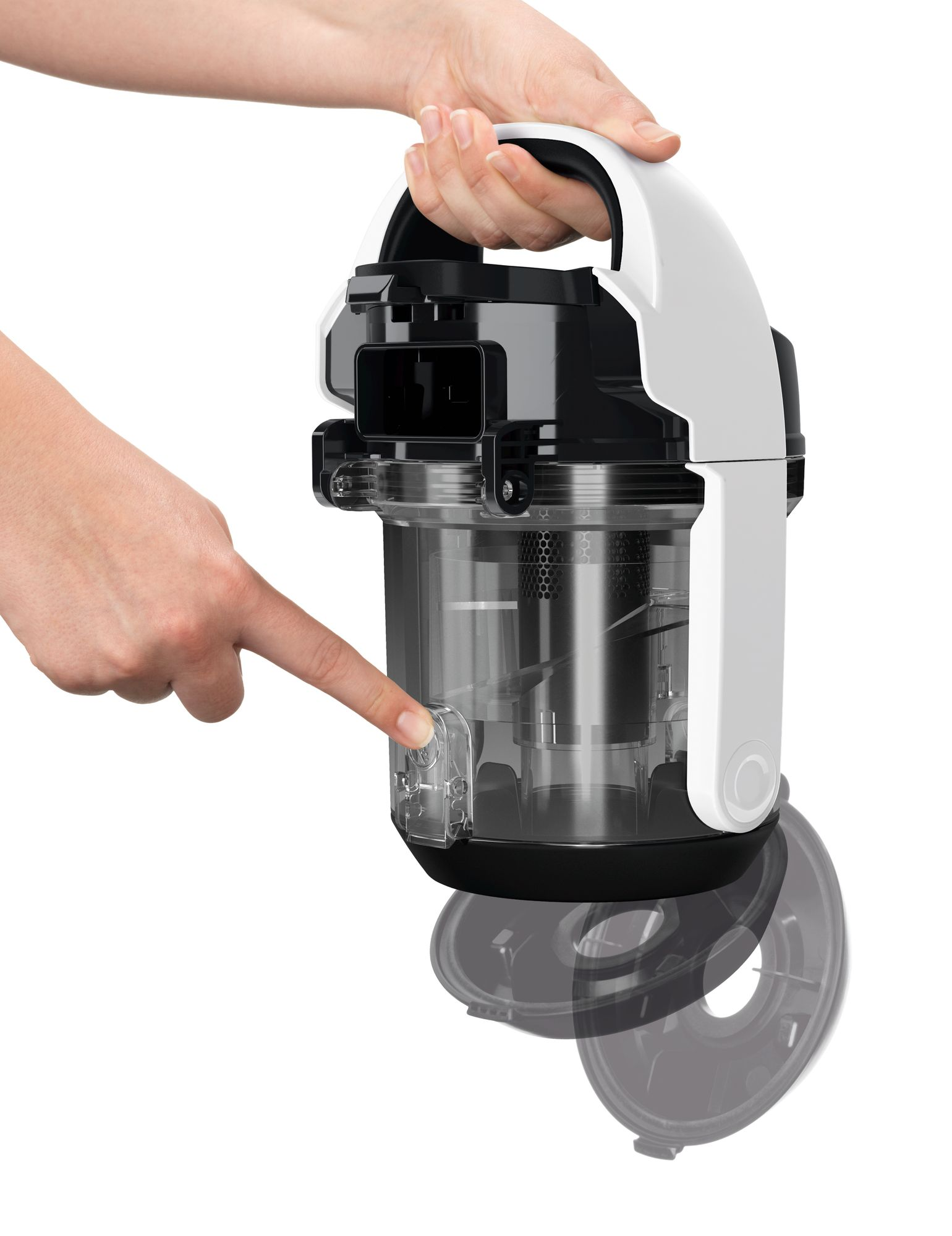 Hand pointing at a vacuum cleaner's dust container.