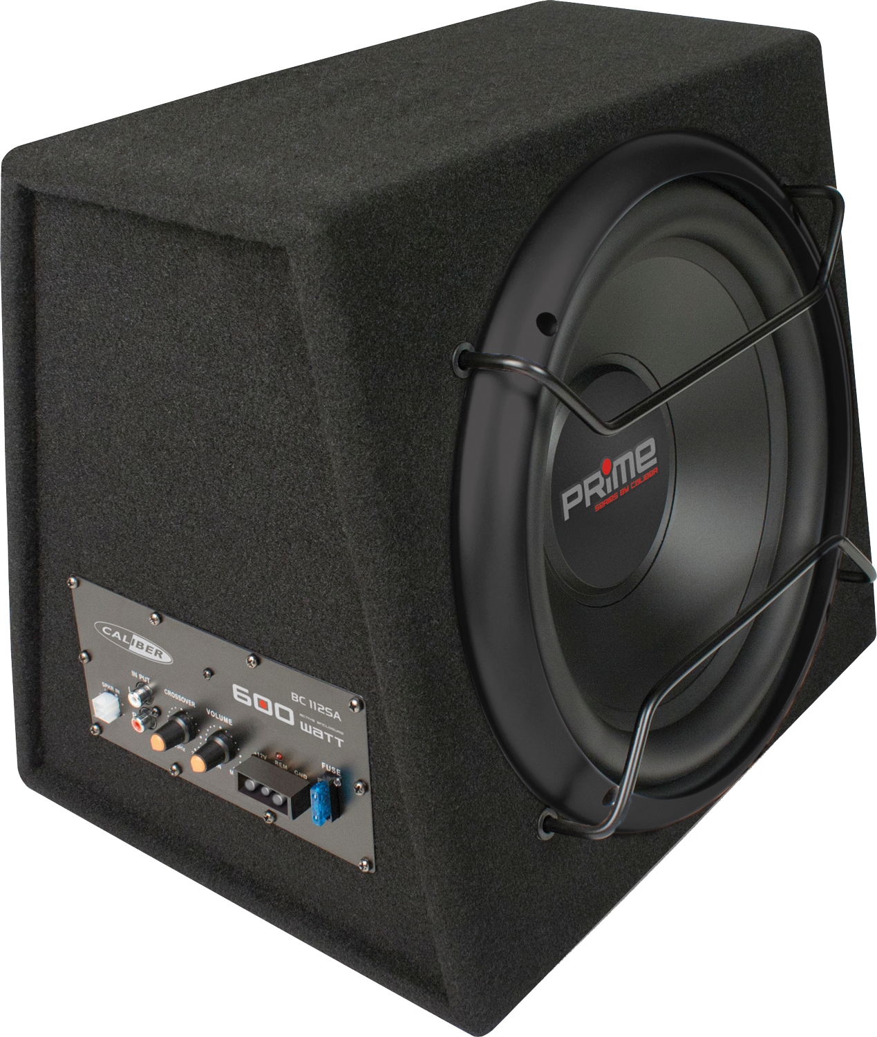 Zwarte subwoofer met een zilveren rooster en bedieningspaneel, op een zwarte achtergrond.