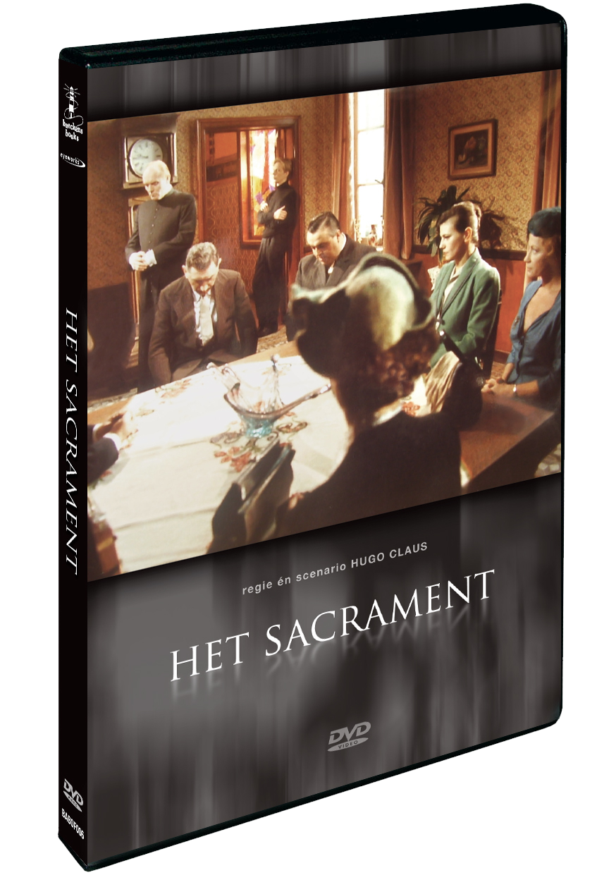 Boîtier DVD du film 'Het Sacrament'. Des gens réunis autour d'une table dans une pièce. Fond sombre.
