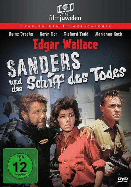 Filmplakat mit drei Personen, die den Betrachter ansehen. Der Titel lautet 'Sanders und das Schiff des Todes'.