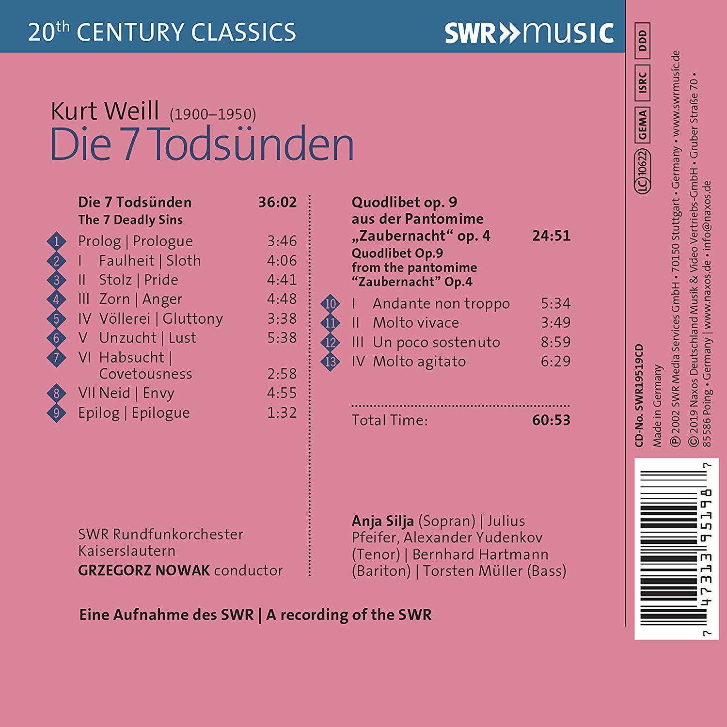 CD-Cover für 'Die 7 Todsünden' mit Titelliste, Kurt Weills Namen und einer Partitur.