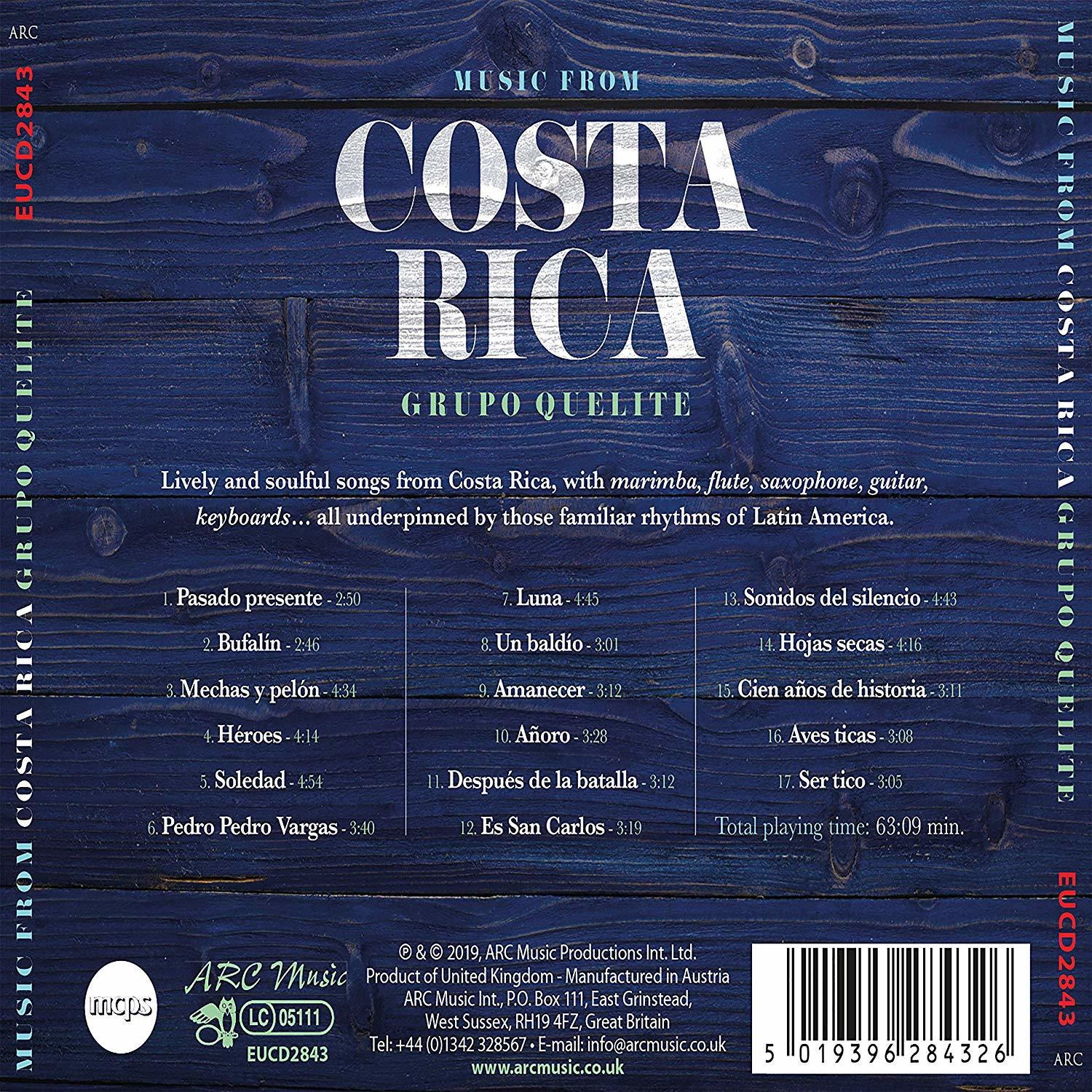 CD-Cover mit weißem Text auf blauem Holzgrund. Titel 'Musik aus Costa Rica' mit Titelliste.