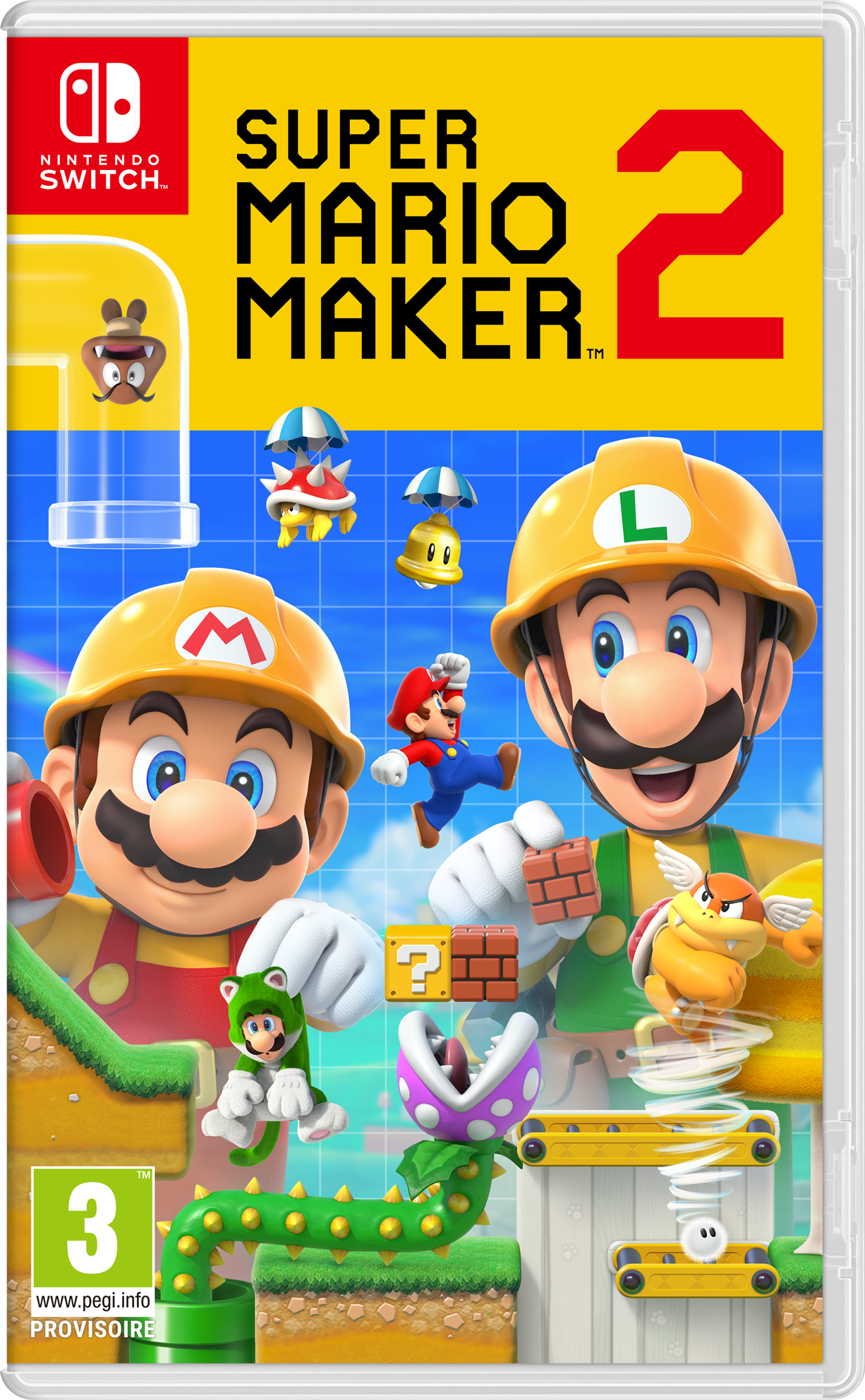 Couverture du jeu Super Mario Maker 2. Mario et Luigi avec des casques, scène de niveau colorée.