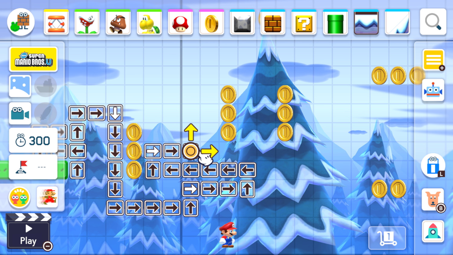 Une interface d'éditeur de niveaux Super Mario Bros. U à l'écran.