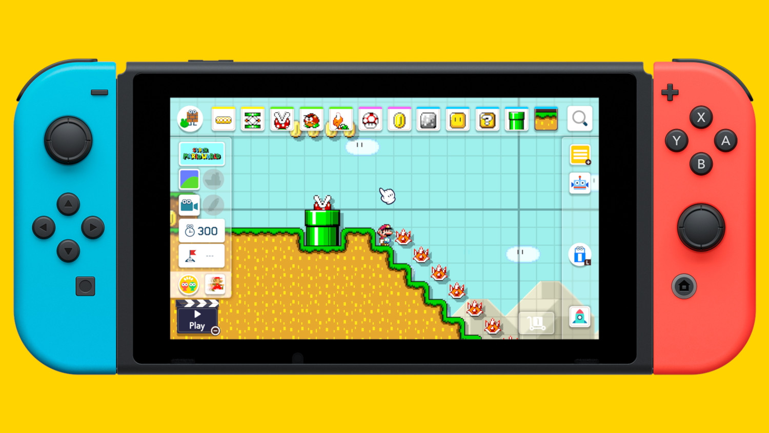 Nintendo Switch avec écran de jeu, montrant un niveau de Super Mario Maker 2 sur fond jaune.