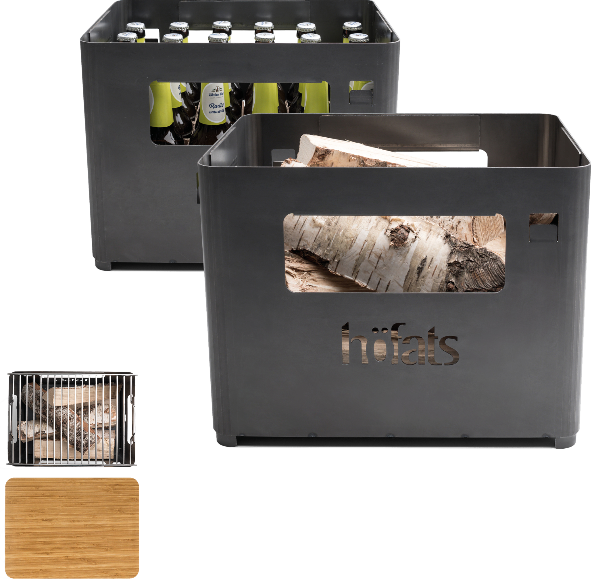 HÖFATS Beer box mit Grillrost und Auflagebrett - Grill Set (Schwarz/Holz/Edelstahl)
