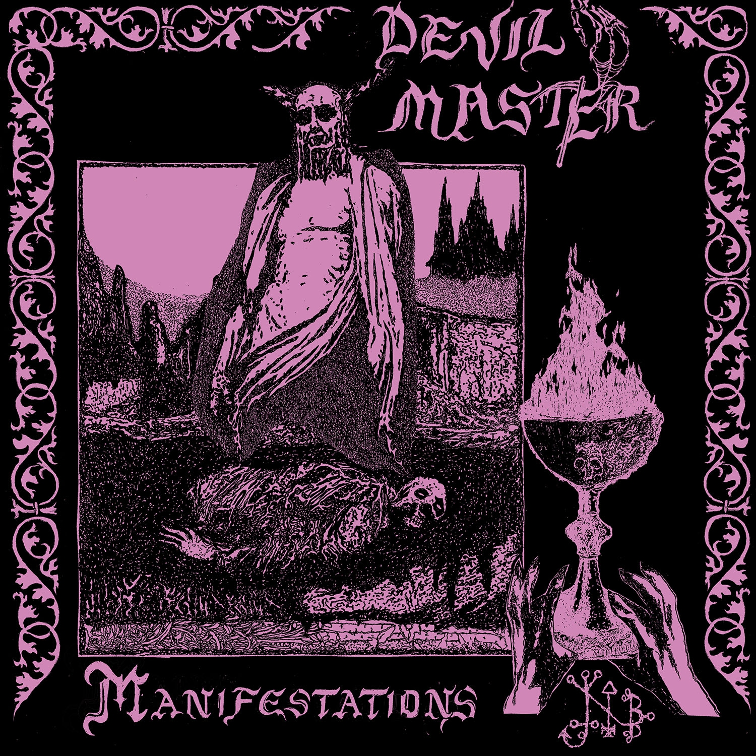 Couverture d'album : Art diabolique rose et noir avec le mot Devil Master et manifestations.