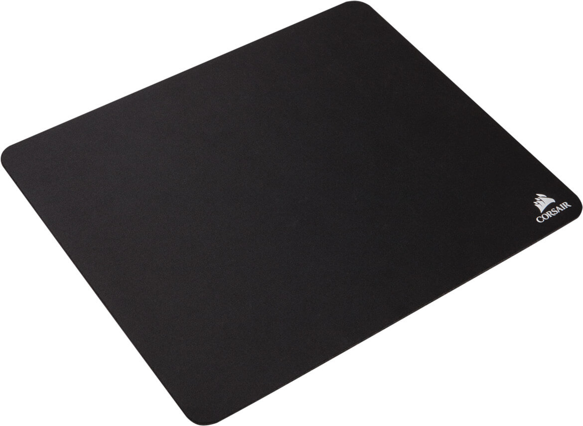 Tapis de souris Corsair rectangulaire noir. Logo et texte 'Corsair' blancs en bas à droite.