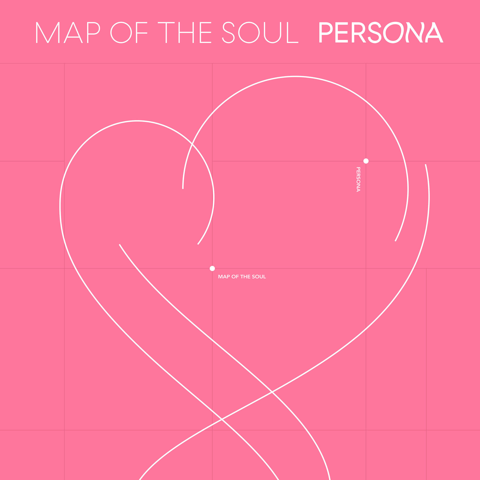 Pochette d'album rose avec des lignes blanches formant un cœur, et texte : Map of the Soul Persona.