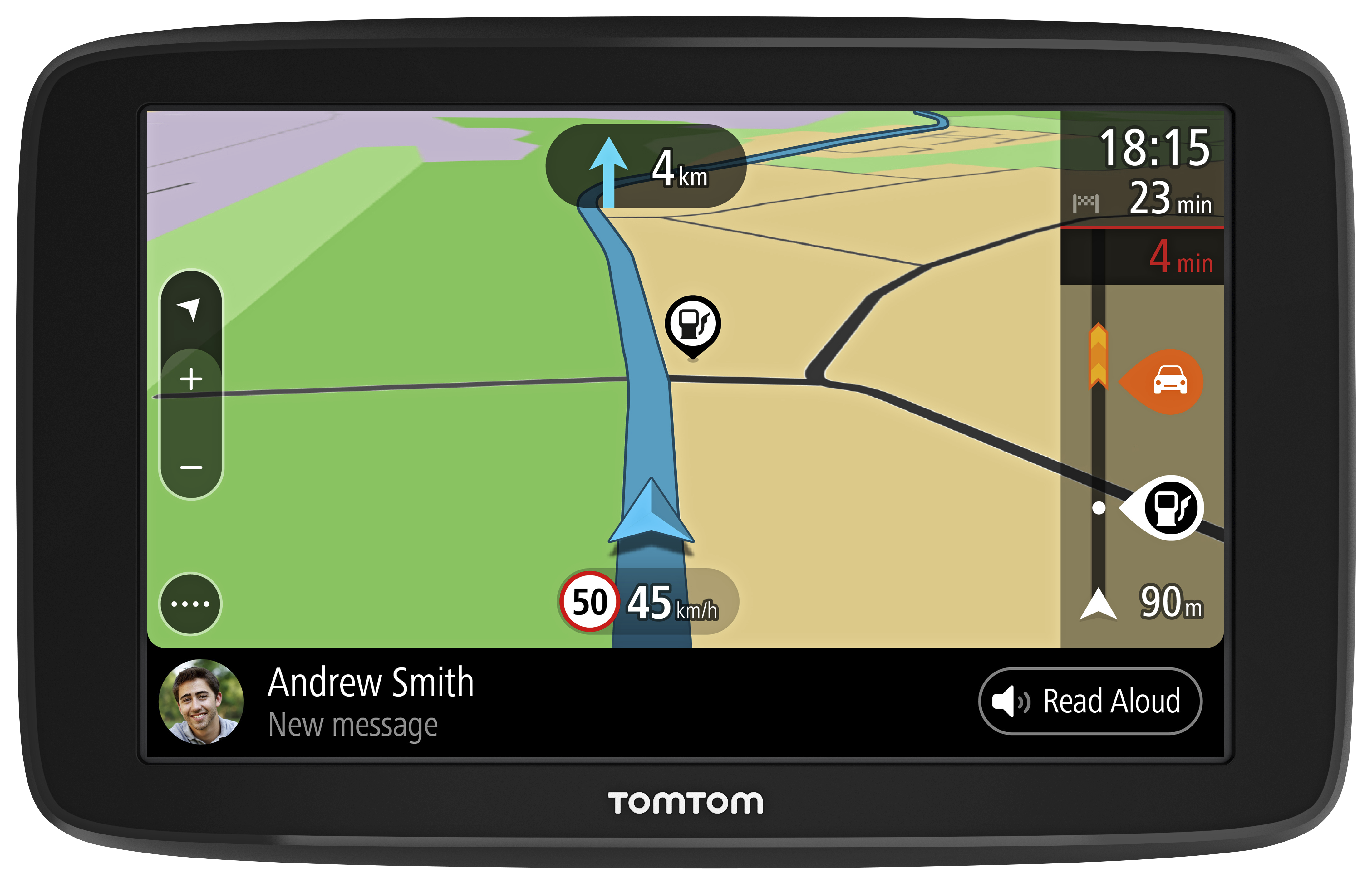 GPS-Navigationsgerät mit Kartenansicht. Routenführung mit Restentfernung und -zeit.