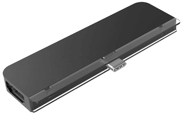 A black electronic device with a USB-C port on a black background.