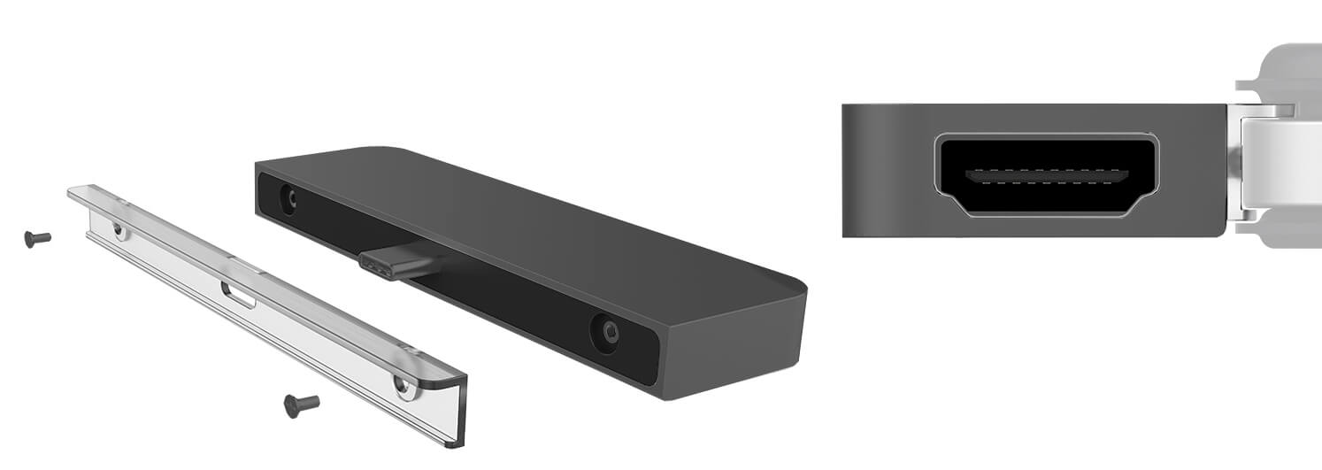 A gray sensor device with a USB-C port, a bracket, and two screws.