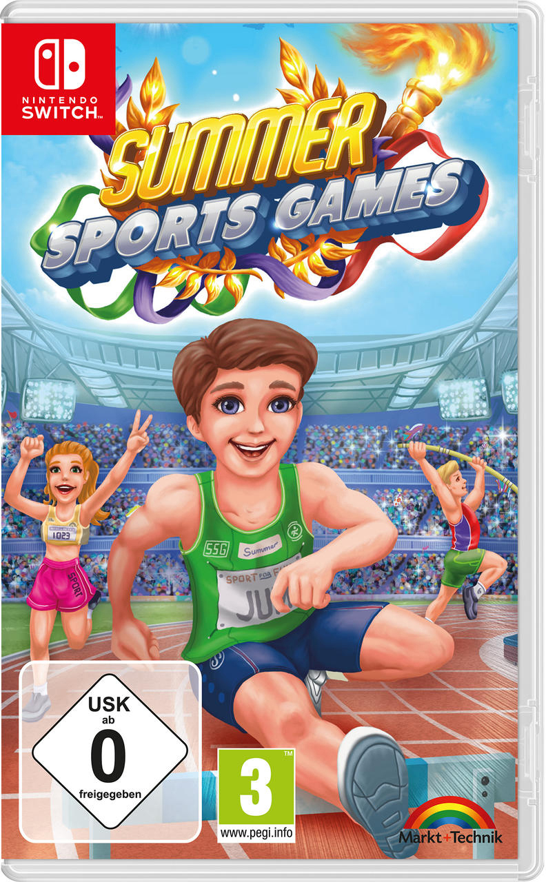 Nintendo Switch-Spielbox: 'Summer Sports Games' mit Athleten und Regenbogen.