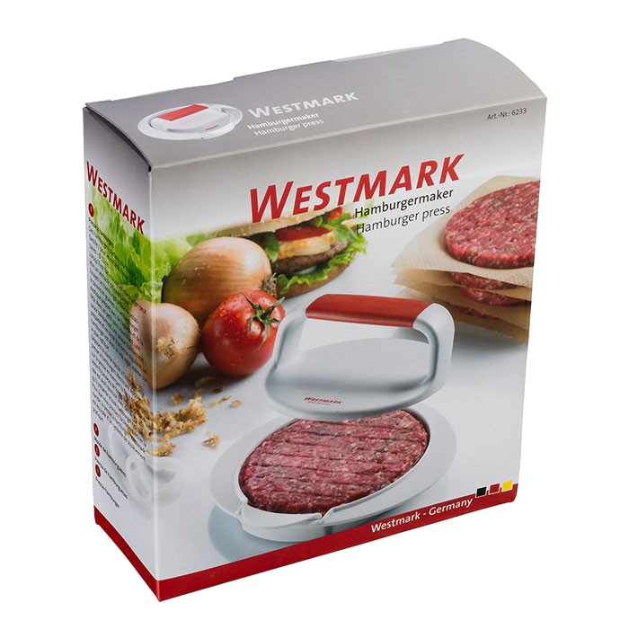 Westmark hamburgerkészítő doboza burgerpréssel és burgerrel.