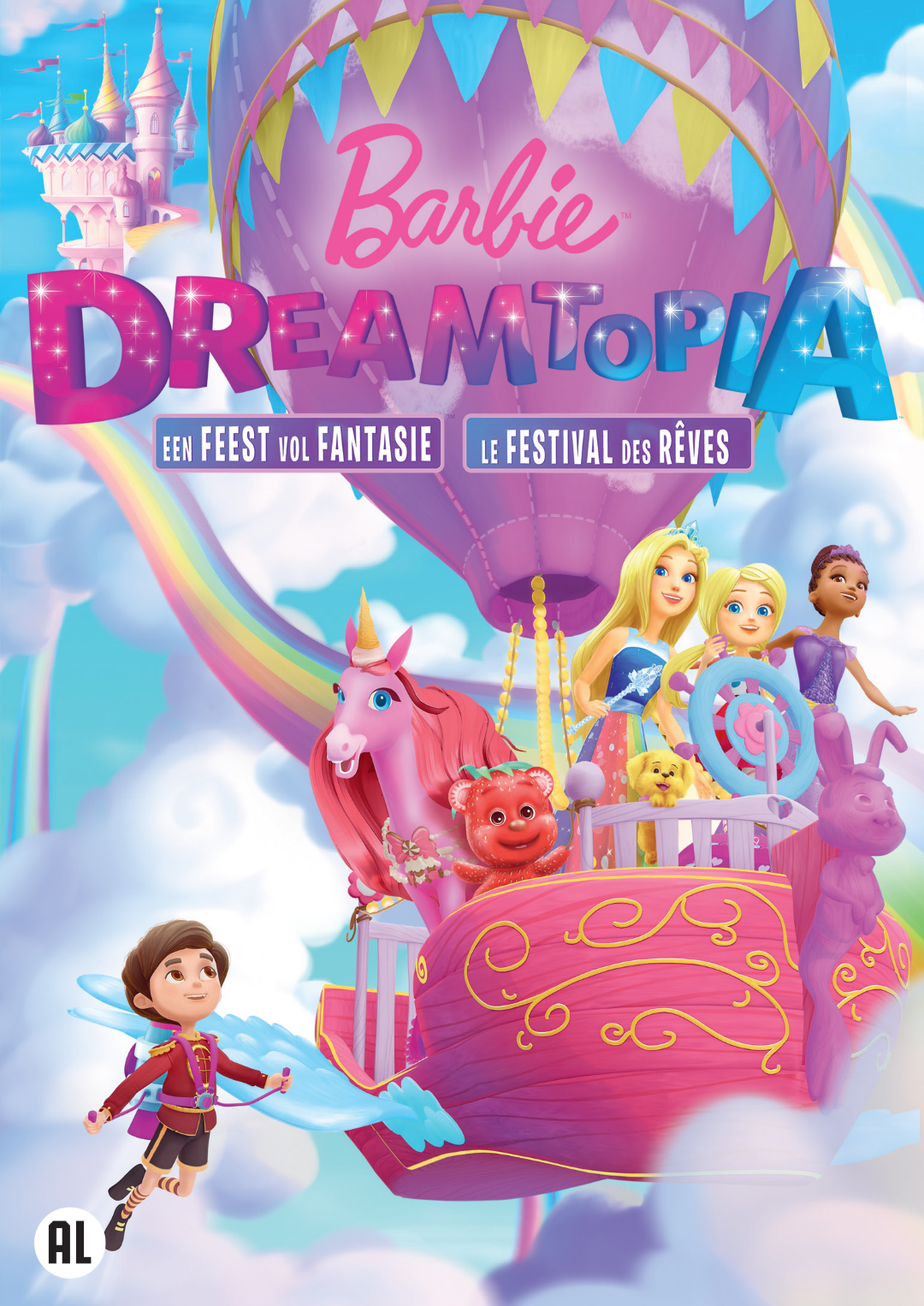 Couverture du film Barbie Dreamtopia. Barbie et ses amies montent sur un char avec une licorne, au-dessus d'un arc-en-ciel.