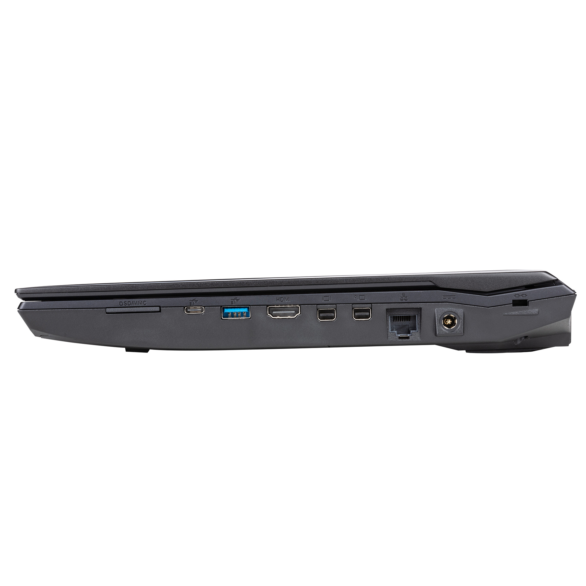 Seitenansicht eines Laptops mit Anschlüssen, Verbindungen und dem Lüftungsschlitz.