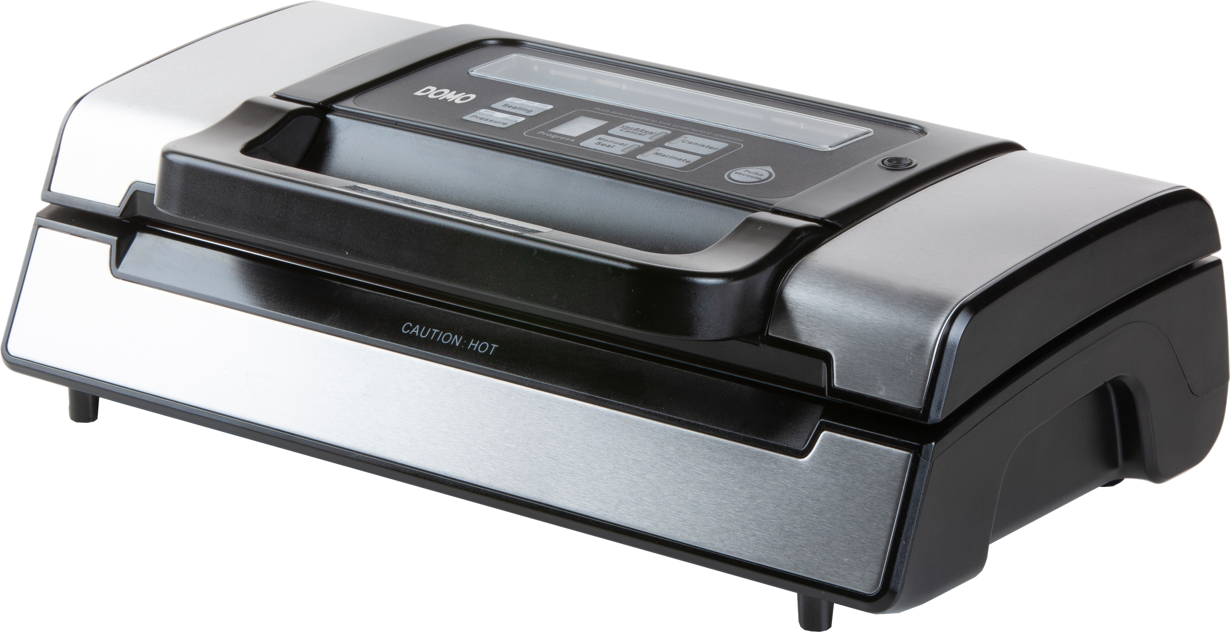 Machine de mise sous vide argentée et noire. Poignée et panneau de contrôle noirs visibles.