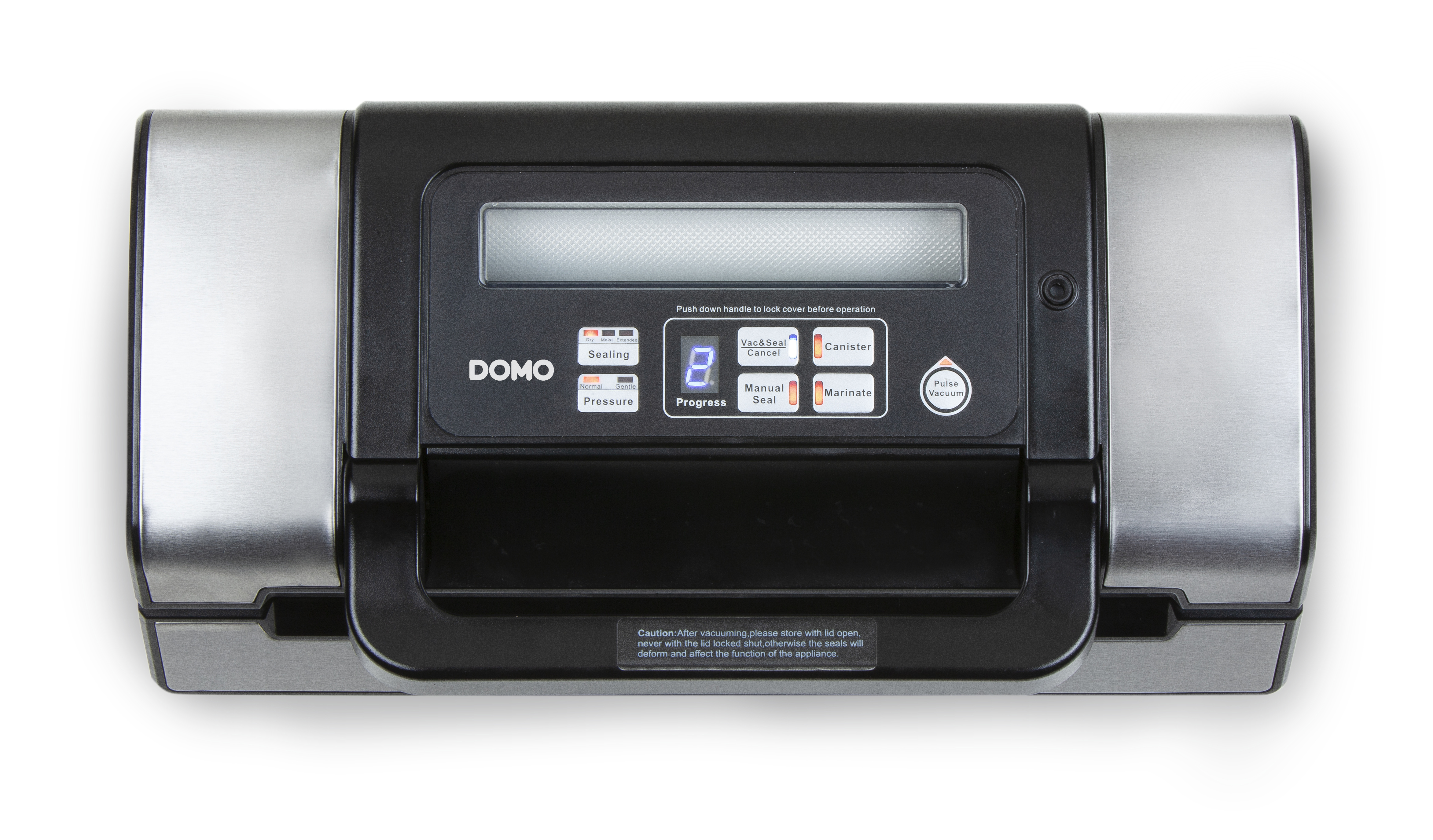 Une machine de scellage sous vide noire et argentée avec un affichage numérique et des boutons de commande.
