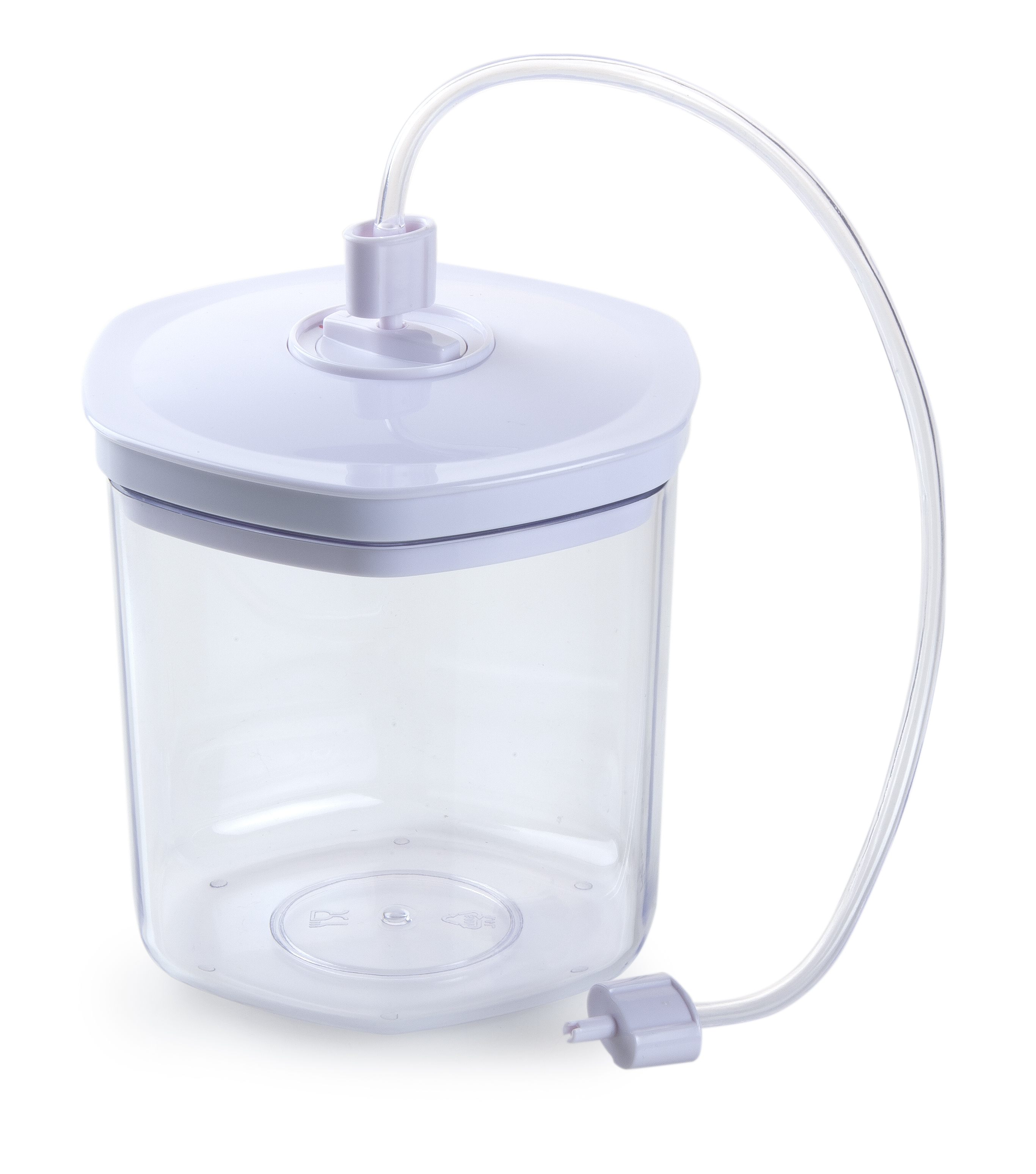 Récipient de stockage alimentaire sous vide blanc avec corps en plastique transparent et tuyau.