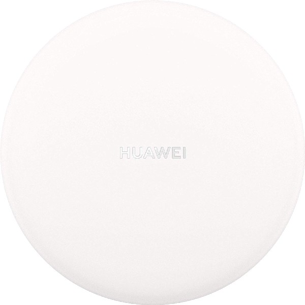 Cargador inalámbrico circular blanco con el logo de Huawei centrado arriba.