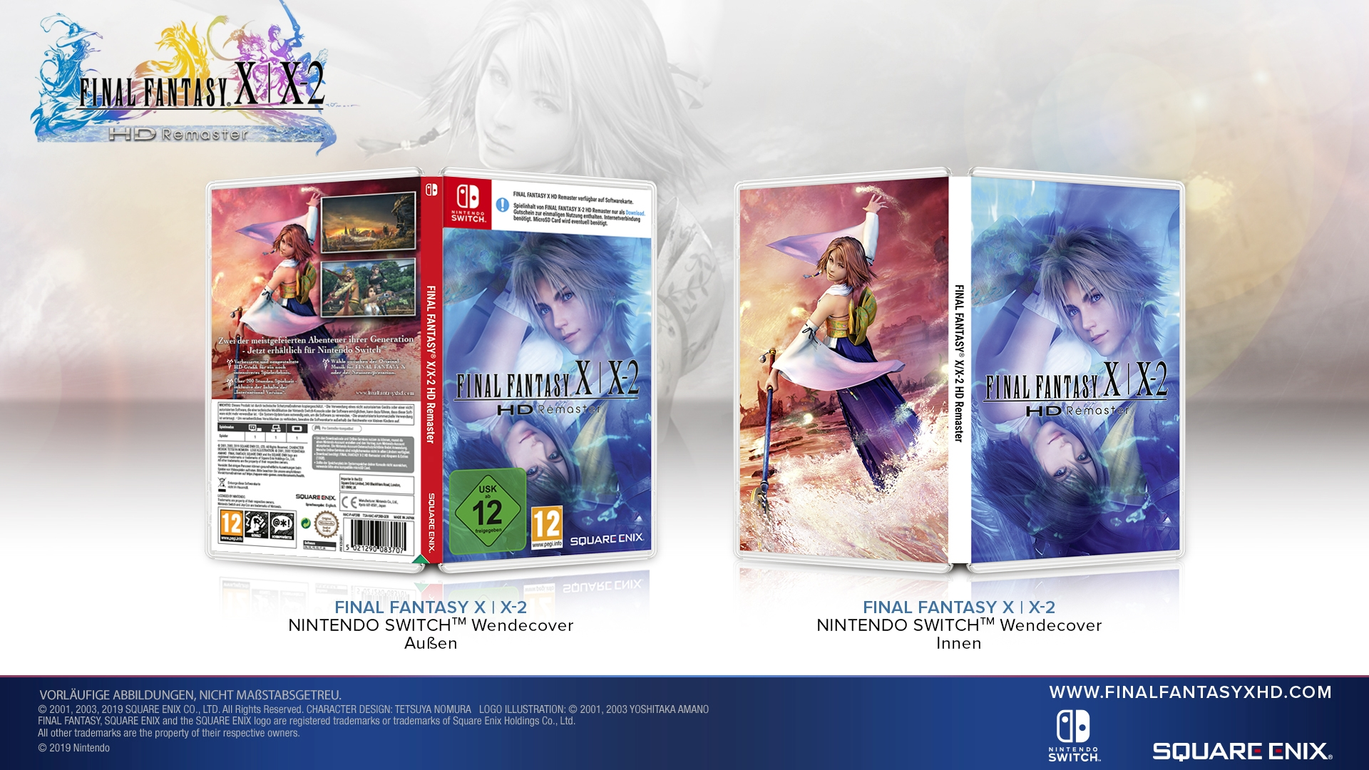 Final Fantasy X/X-2 Nintendo Switch Spielhülle, ausgeklappt, mit Vorder-, Rück- und Innengrafik.