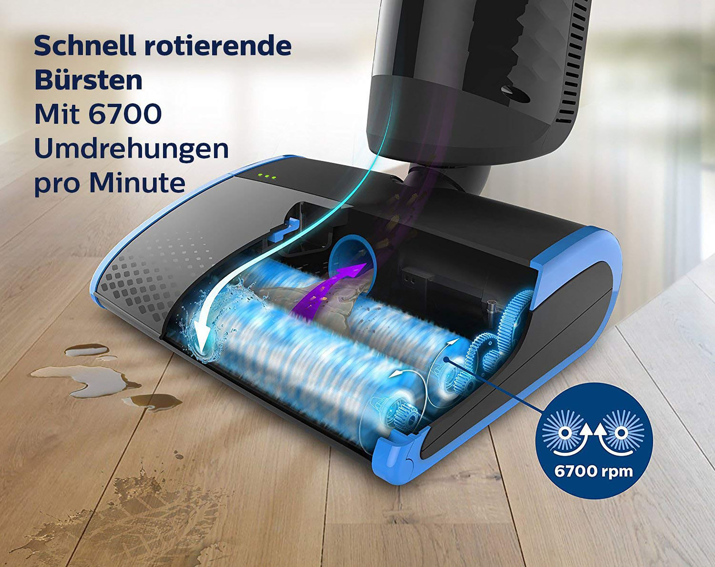 Diagramm eines Staubsaugers mit rotierenden Bürsten, Wasserfluss und Zahnrädern, mit 6700 U/min angegeben.