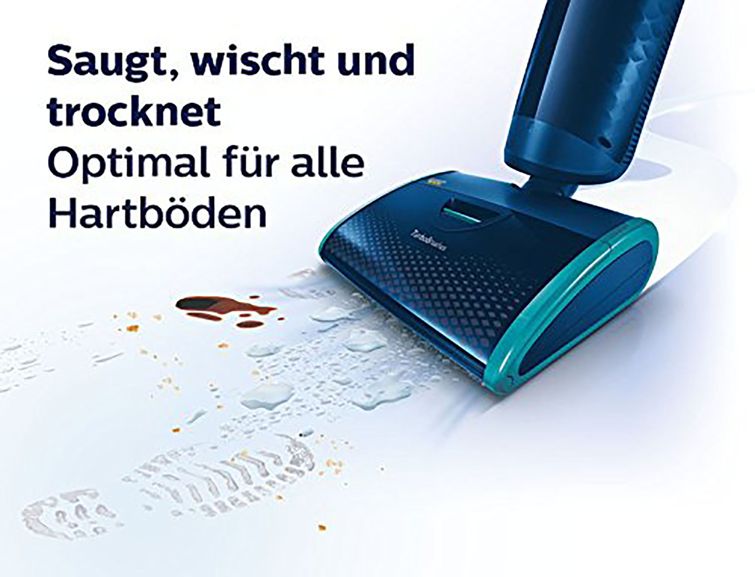 Ein Staubsauger reinigt einen Boden. Er hat einen dunkelblauen Körper und türkisfarbene Akzente. Der Boden hat Flecken und Fußabdrücke.
