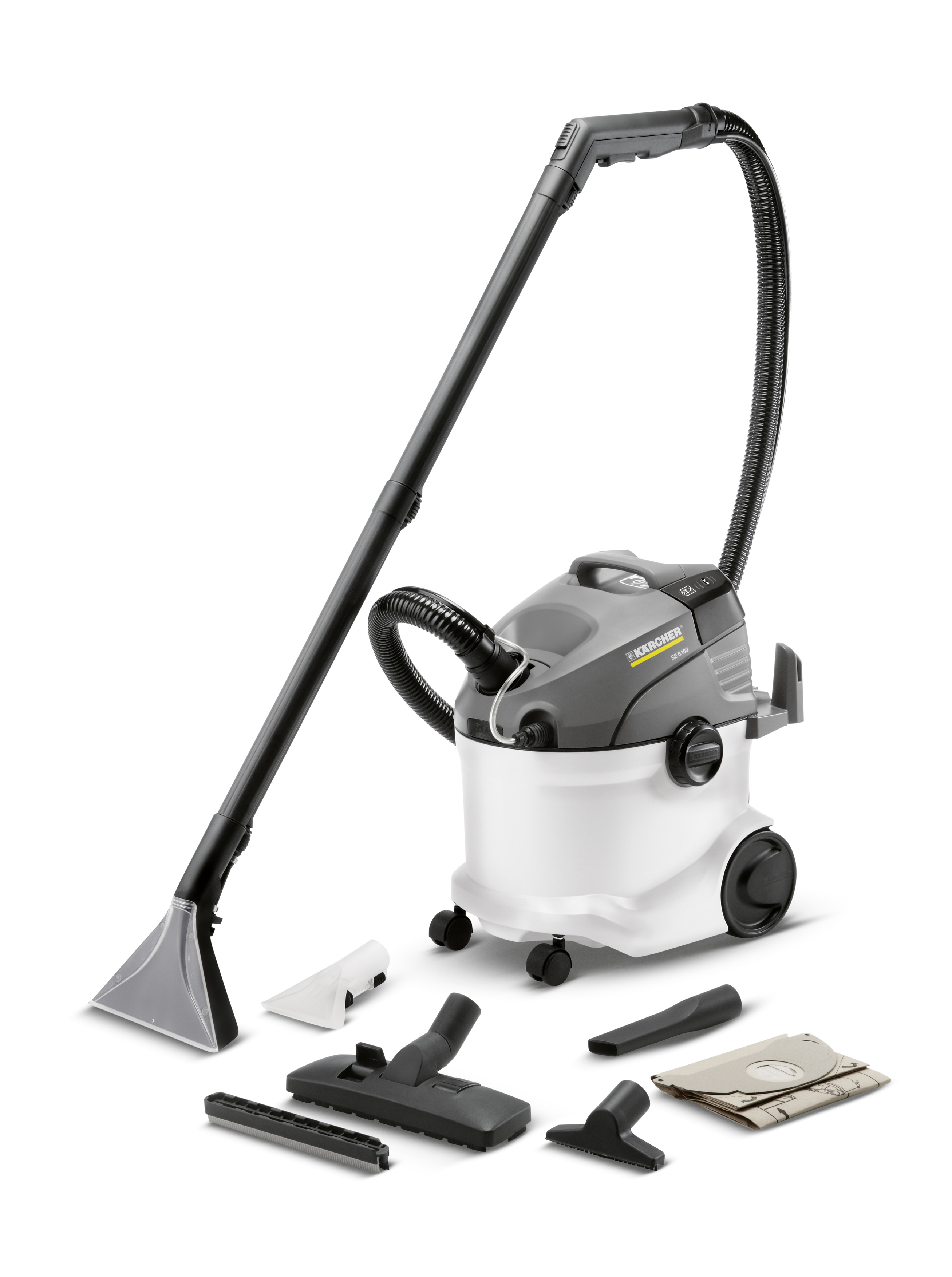 Ein Nass-/Trockensauger. Inklusive Aufsätze. Weiß, grau und schwarz. Karcher-Logo an der Seite.