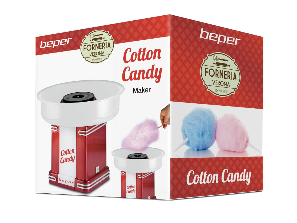 Cotton candy machine in a box. The machine is red and white, and some cotton candy.