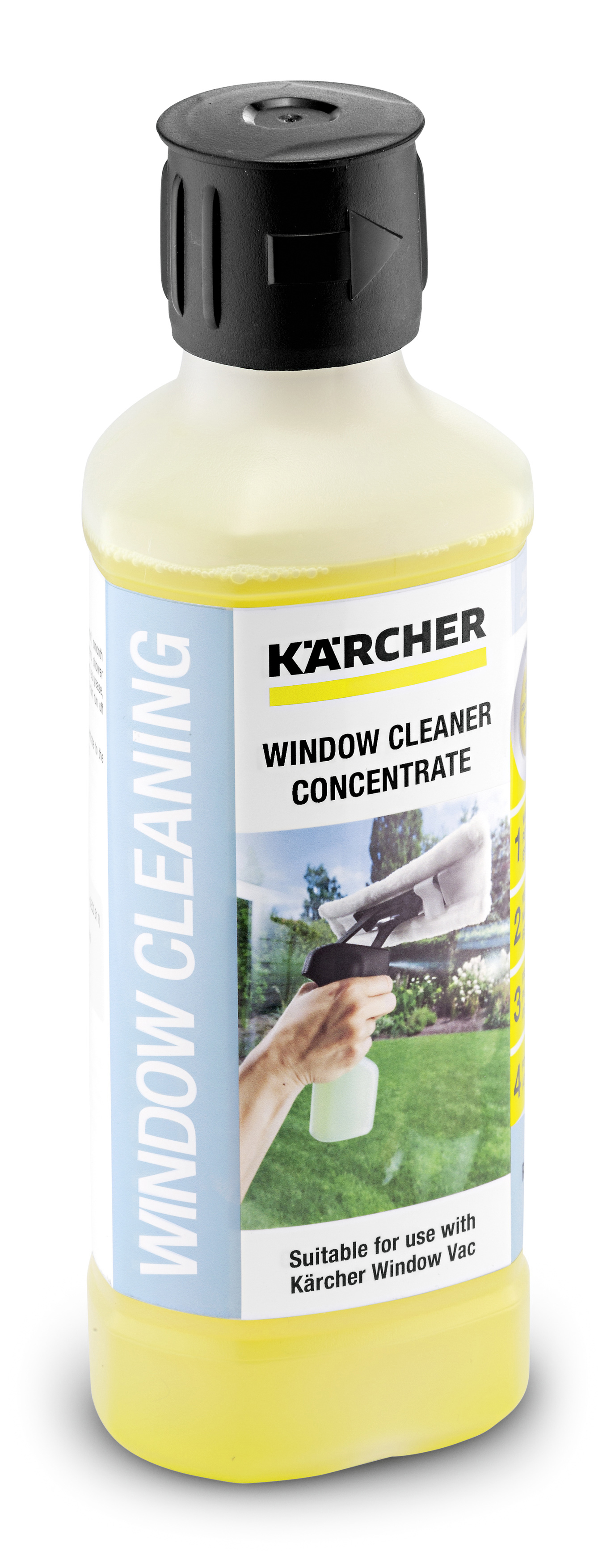 Flasche Fensterreiniger mit Etikett und Hand, die ein Sprühgerät hält.