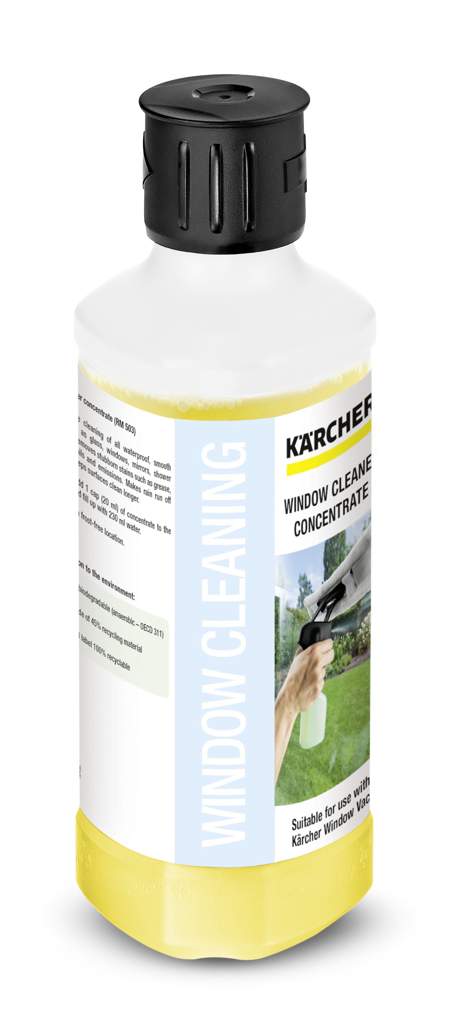 Eine weiße Flasche mit der Aufschrift Karcher Fensterreinigungskonzentrat. Die Flüssigkeit ist gelb.