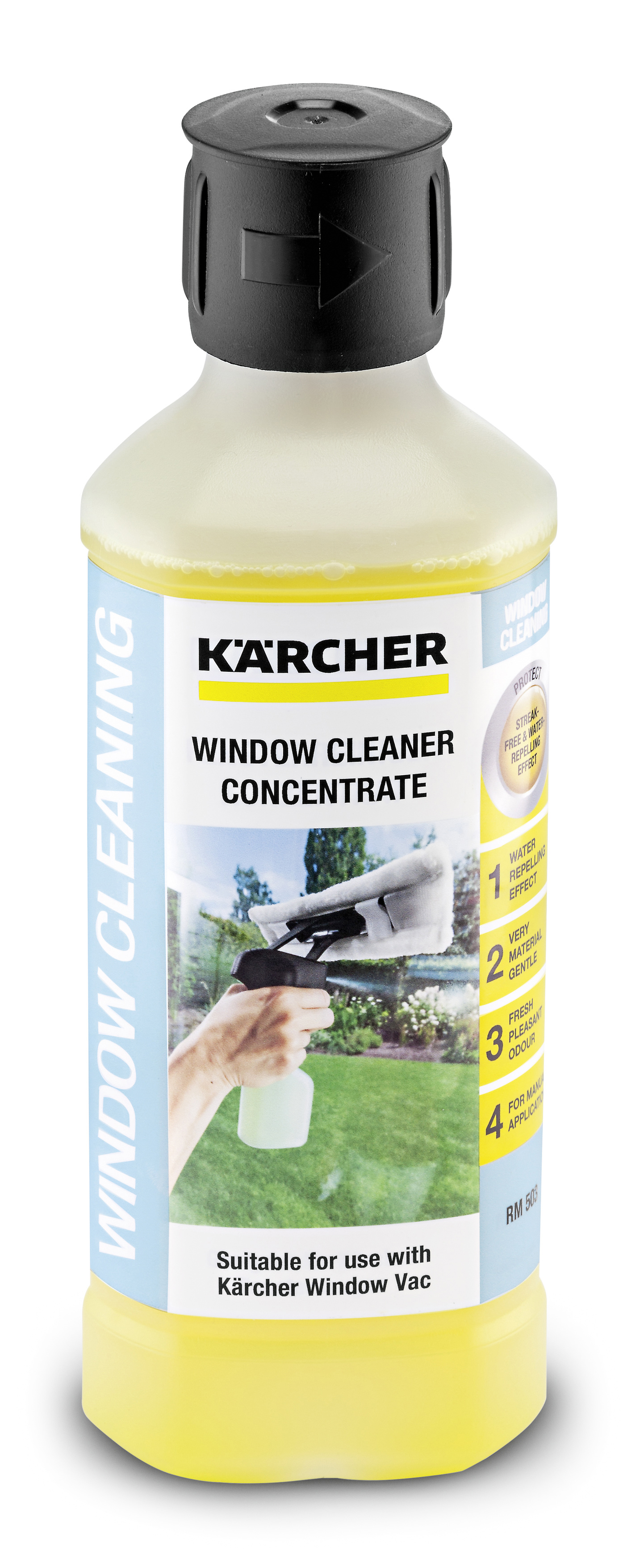 Eine Flasche Kärcher-Fensterreiniger-Konzentrat. Gelbe Flüssigkeit, schwarzer Deckel, Etikett mit Anweisungen.