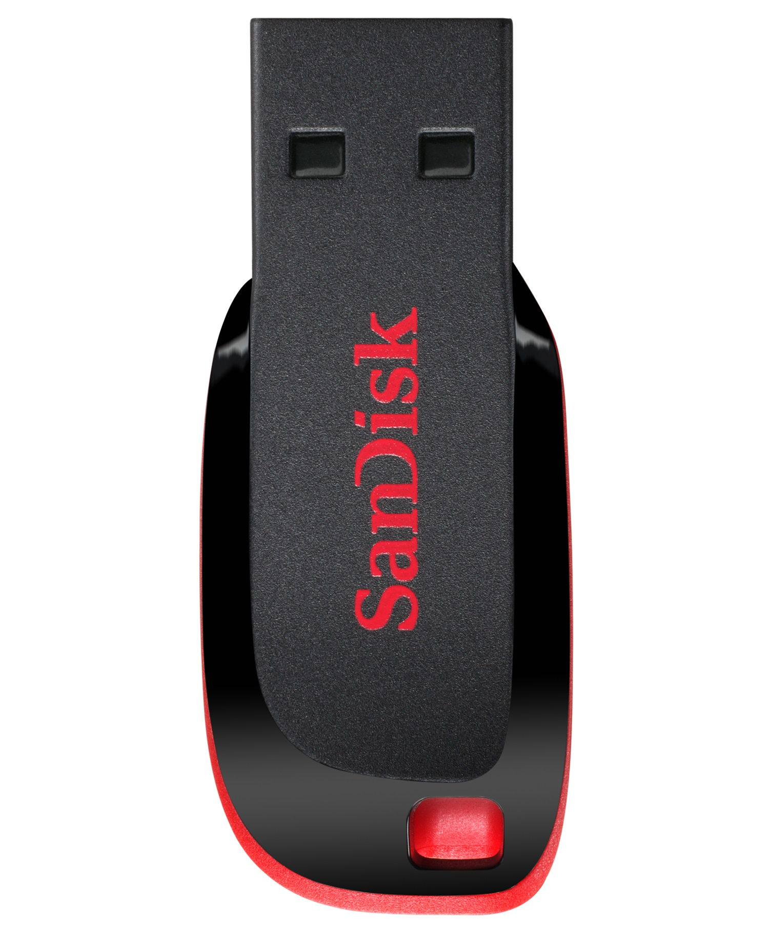 Kırmızı marka adı olan siyah ve kırmızı bir SanDisk USB flash sürücü.