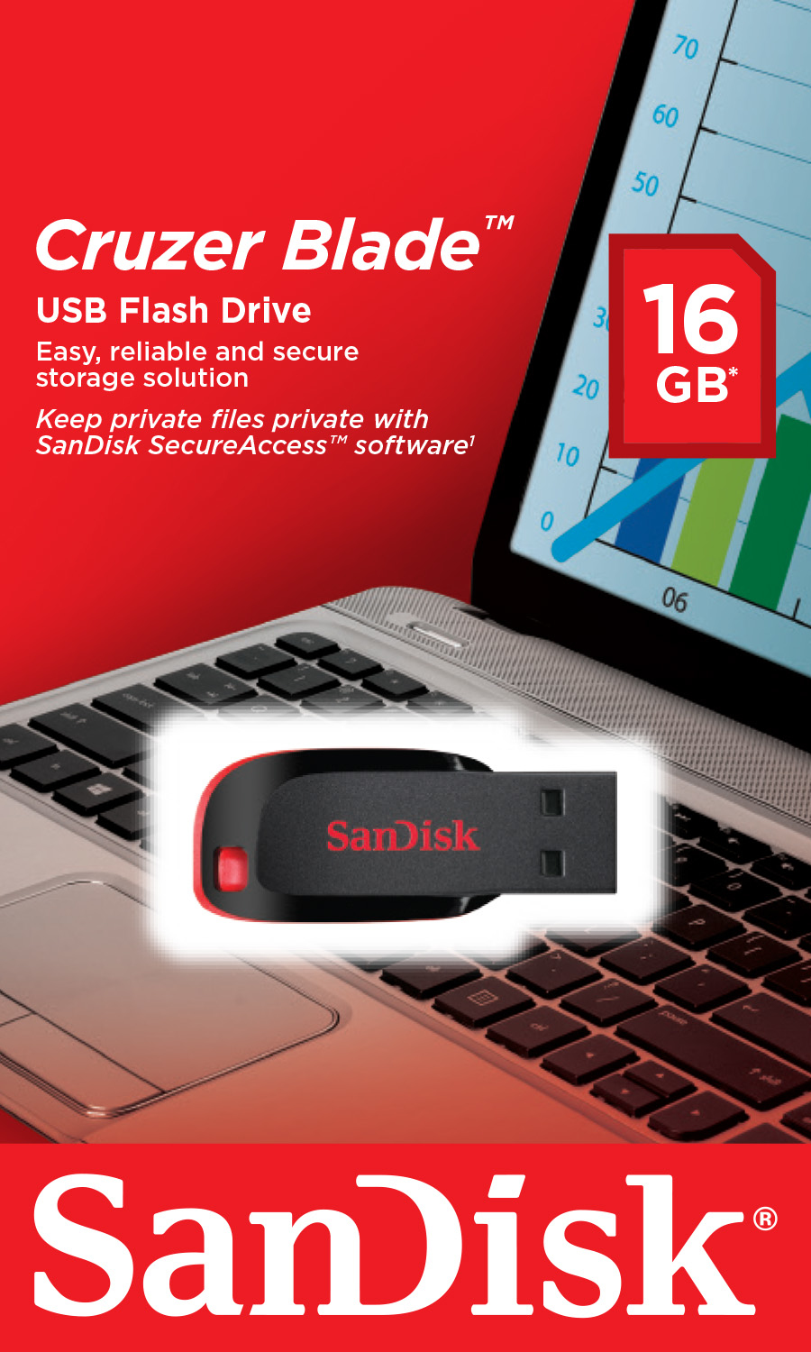SanDisk Cruzer Blade USB flash sürücü ve ambalajı. Sürücü kırmızı ve siyahtır. Arka planda bir dizüstü bilgisayar.