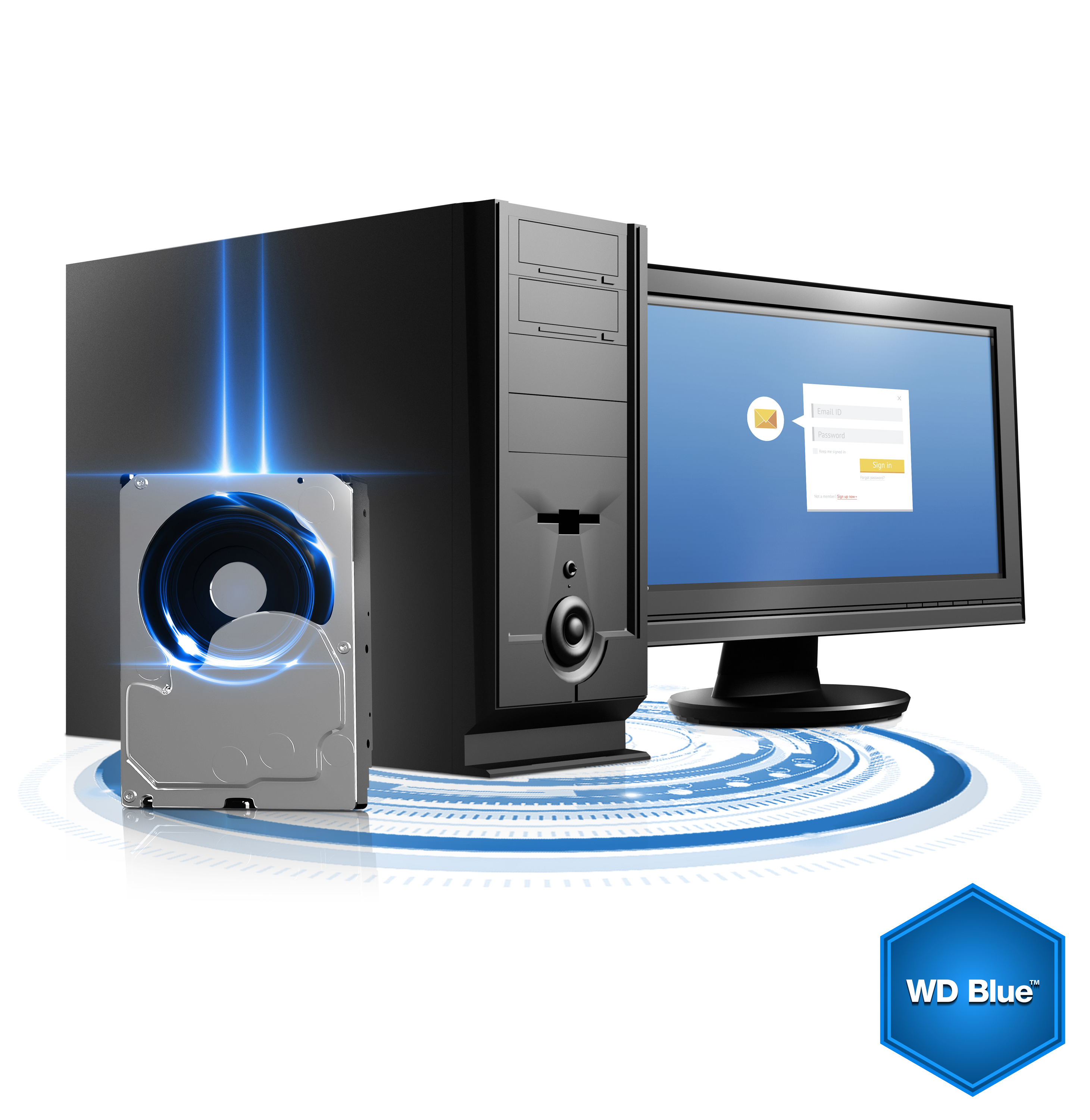 Bilgisayar, monitör ve sabit disk içeren bir bilgisayar kurulumu. Sabit disk mavi ışıkla vurgulanır.