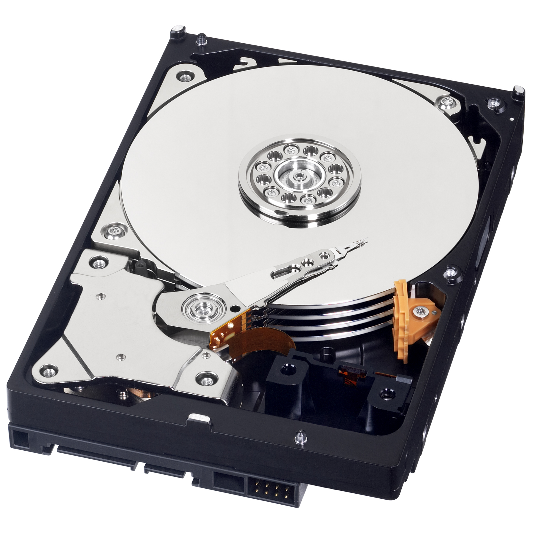 Açık sabit disk. Gümüş disk ve mekanik bileşenler görünür. Siyah çerçeve, turuncu ve gümüş parçalar.