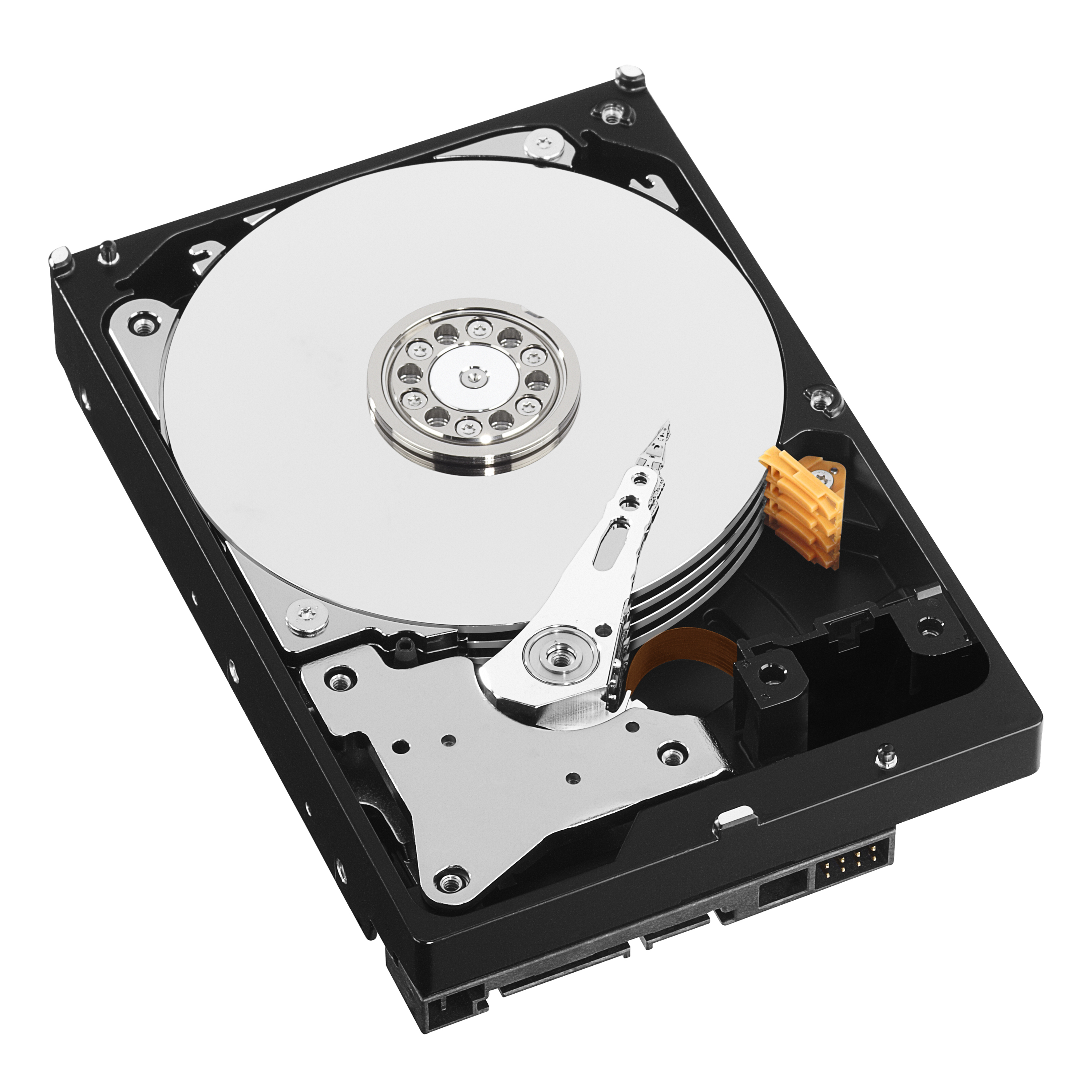 Açılmış bir sabit disk. Ortada gümüş disk, siyah çerçeve ve çeşitli bileşenler.