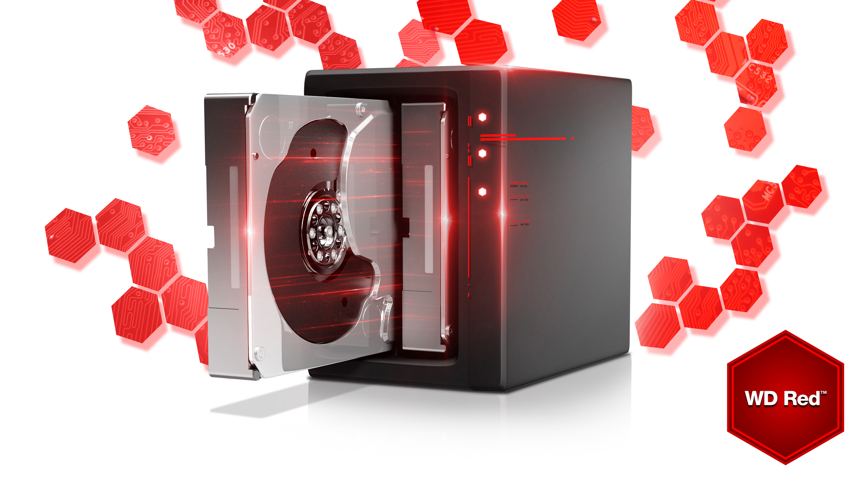 Beyaz arka planda WD Red logosu bulunan siyah ve kırmızı bir sabit disk kutusu.