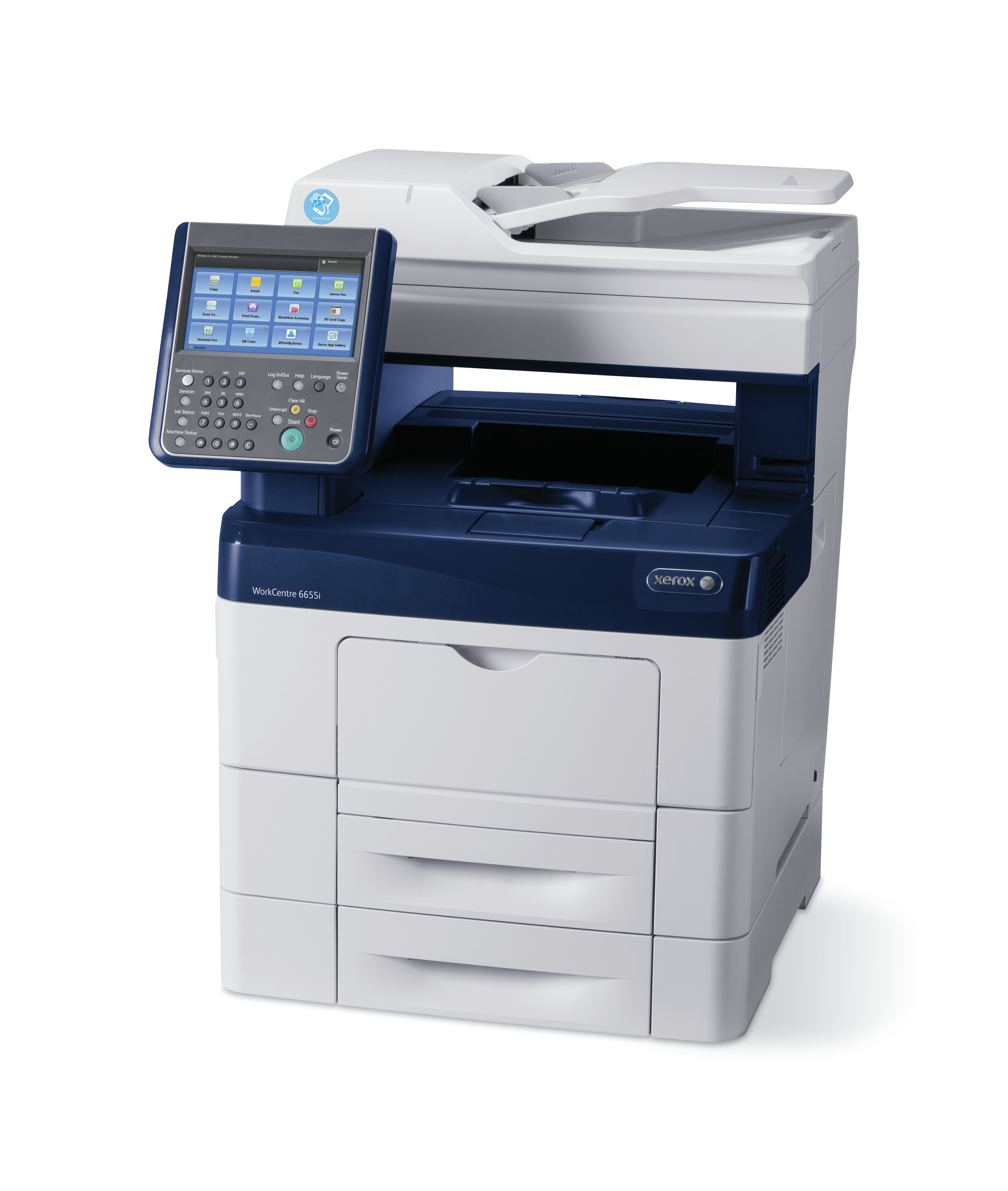 Dokunmatik ekran kontrol panelli beyaz ve mavi Xerox WorkCentre yazıcı.