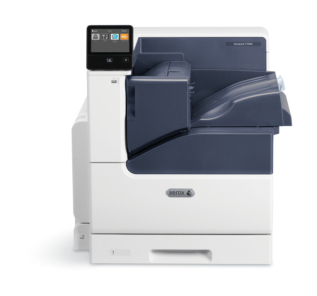 Beyaz zemin üzerinde beyaz ve lacivert Xerox VersaLink C7000 yazıcı.