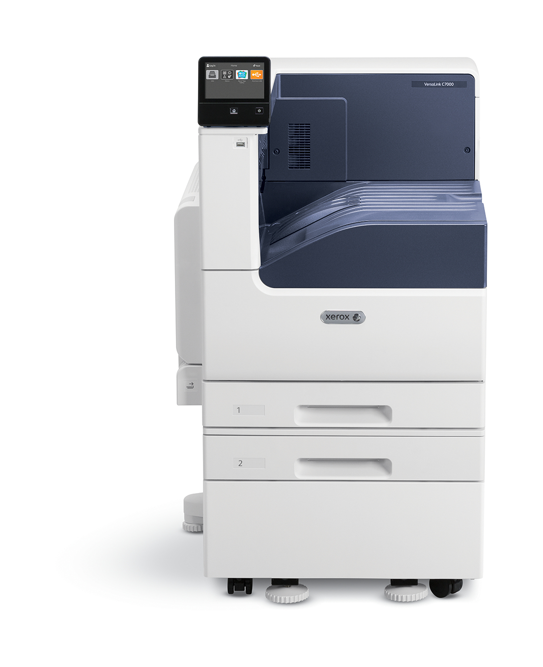 İki kağıt tepsisi olan büyük beyaz ve mavi bir Xerox yazıcısı. Kontrol paneli görülebilir.